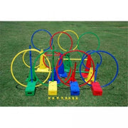 Adventure Course set with rings (15", 19", 26.5"), blocks (14×6×3.75"), cones (12" and 19"), and 17" poles, each in sets of 4 assorted colors.