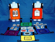 Multi Purpose Vest Set
6 pcs of Vest, 17.5" L x12" W w/ Elastic Shoulder and Waist Straps, 3 pcs 
each of 0~ 9 Number Cards, 6 pcs of Traffic Sign Cards and 1 pc of Carry Bag