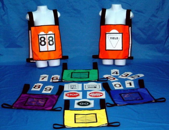 Multi Purpose Vest Set
6 pcs of Vest, 17.5" L x12" W w/ Elastic Shoulder and Waist Straps, 3 pcs 
each of 0~ 9 Number Cards, 6 pcs of Traffic Sign Cards and 1 pc of Carry Bag
