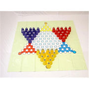 Giant Chinese Checkers
1 x Vinyl Mat - 79" x 79" 
45 Cone Shape Nylon Pieces - 4.72" dia. x 6.70" H, 15 pcs each in red, blue, yellow
1 x Storage Bag