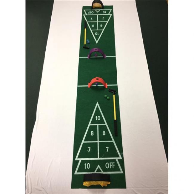 Shuffle Board / Golf Putting Mat
Size: 127.5" L x 24" W
Include: 2 Putters, 
            4 Foam Balls,
            2 Target Goals,
            2 Obstacle Loops w/ Balls
            1 Storage Bag