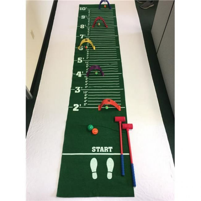 Foam Croquet / Long Jump Mat
Mat Size: 144" Long X 30" Wide
Includes: 2 Foam Head Mallets
                 2 Wiffle Balls
                 5 Movable Wickets
                 1 Storage Bag