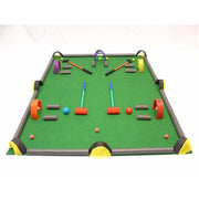 Golf/Croquet/Billiards game set (88"×66") with 2 putters, 2 foam-head croquet mallets, 6 foam balls, 2 hollow balls, 6 target goals, 5 obstacle loops with balls, 11 hook-and-loop obstacles, and a storage bag.