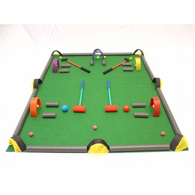 Golf/Croquet/Billiards game set (88"×66") with 2 putters, 2 foam-head croquet mallets, 6 foam balls, 2 hollow balls, 6 target goals, 5 obstacle loops with balls, 11 hook-and-loop obstacles, and a storage bag.