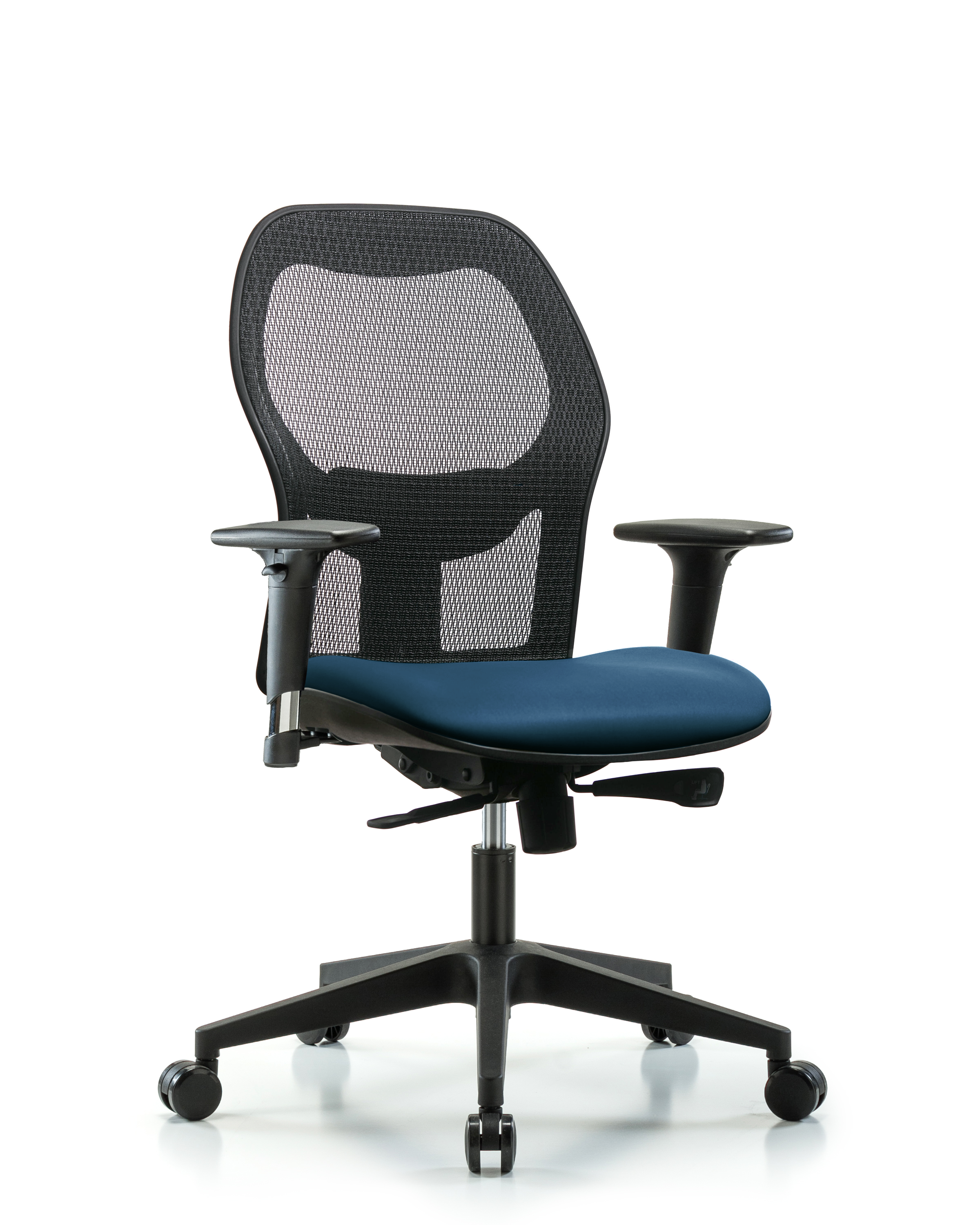 Executive Windova Mesh Back Chair with Standard Adjustable Arms, Marine Blue Supernova Seat, & Casters