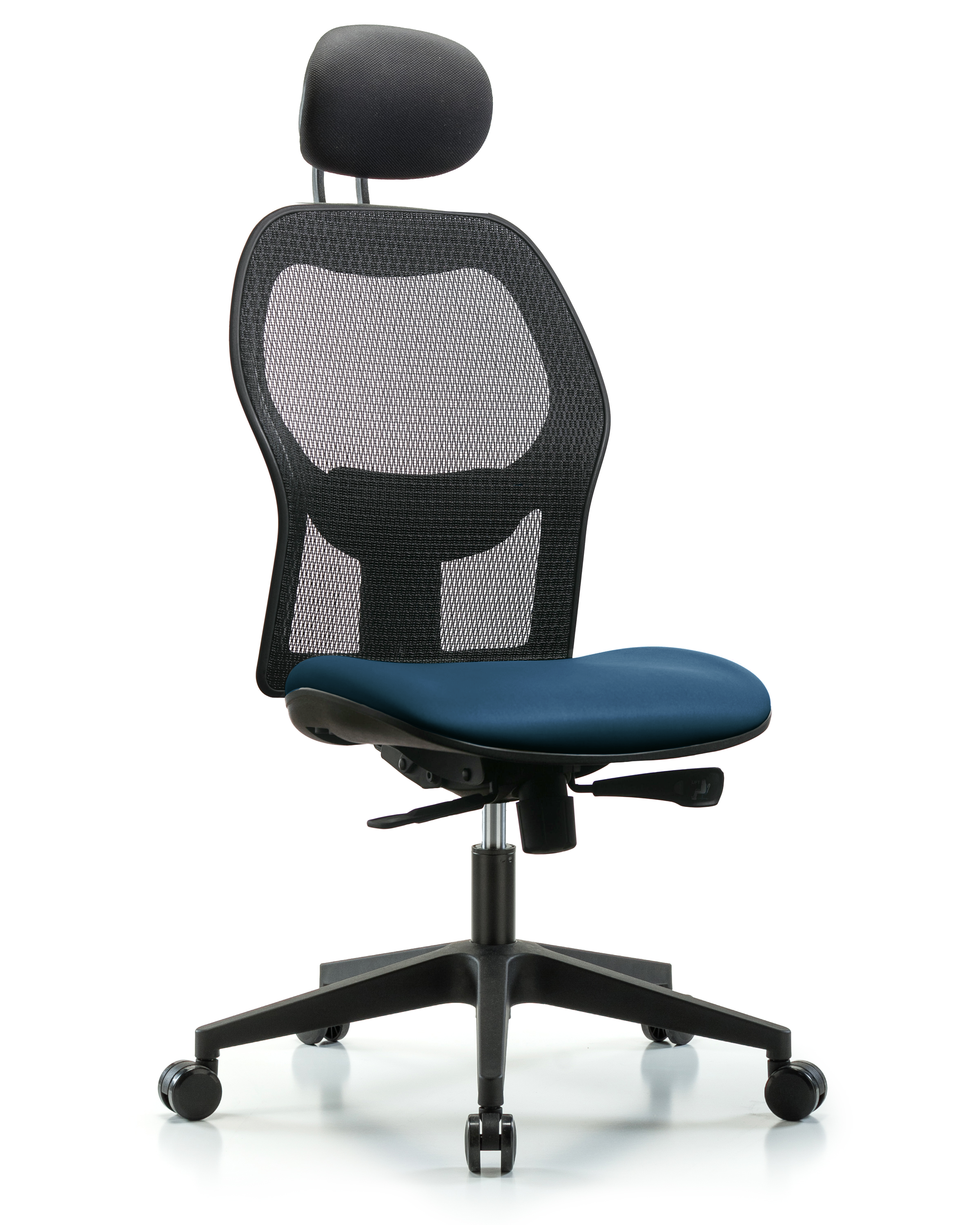 Executive Windova Mesh Back Chair with Marine Blue Supernova Seat, Head Rest, & Casters