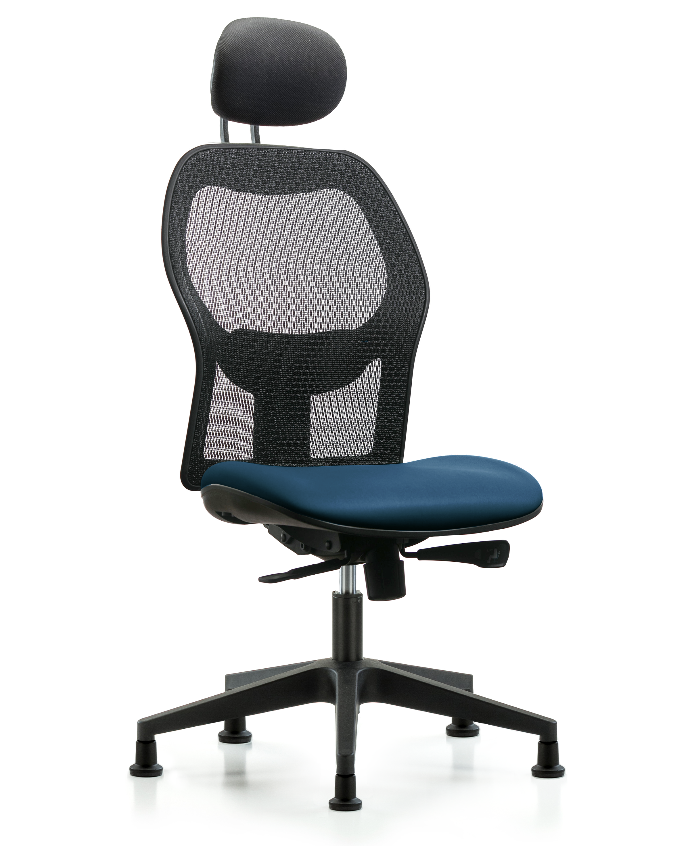 Executive Windova Mesh Back Chair with Marine Blue Supernova Seat, Head Rest, & Stationary Glides