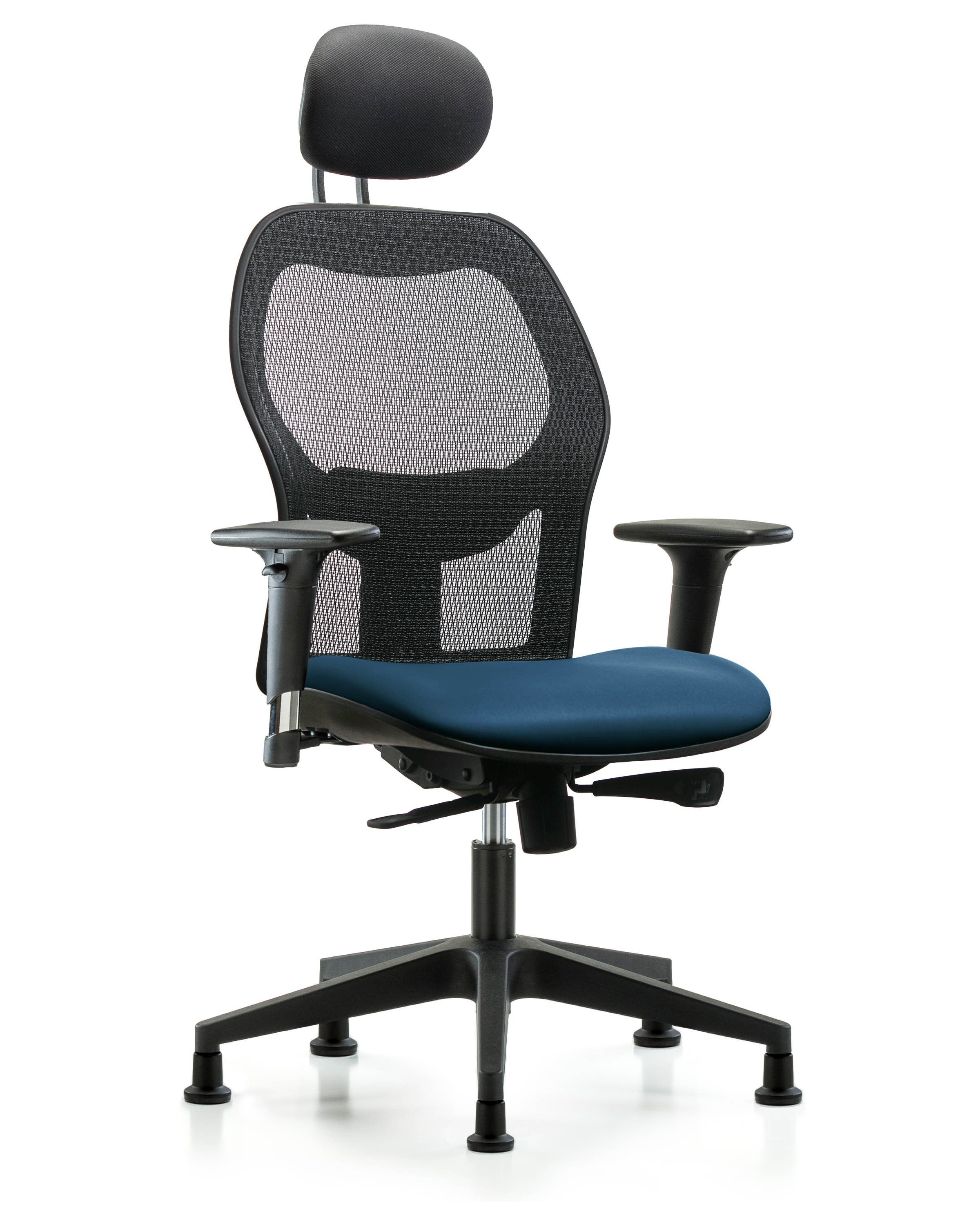 Executive Windova Mesh Back Chair with Marine Blue Supernova Seat, Head Rest, Standard Adjustable Arms, & Stationary Glides