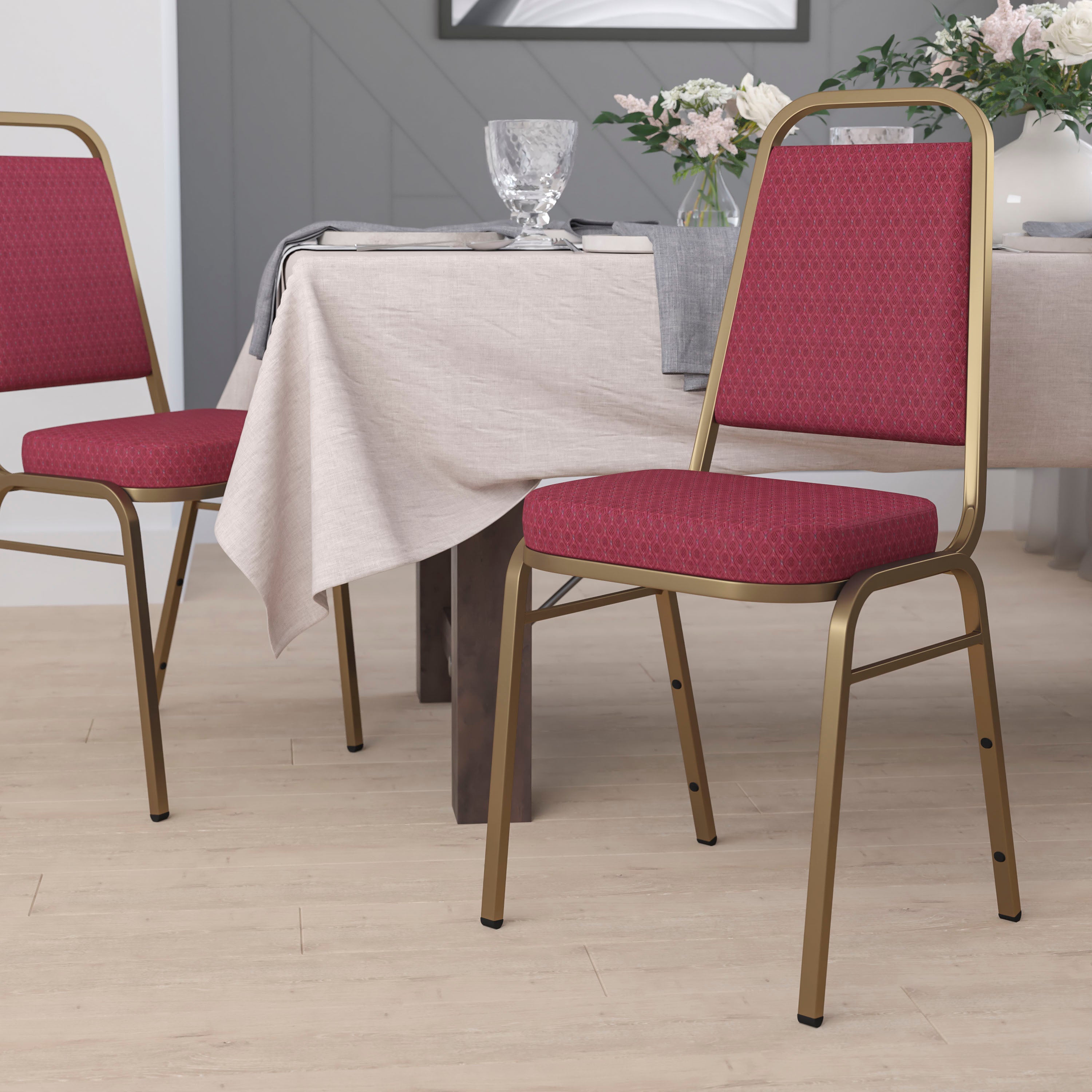 HERCULES Series Trapezoidal Back Stacking Banquet Chair in Burgundy Patterned Fabric - Gold Frame