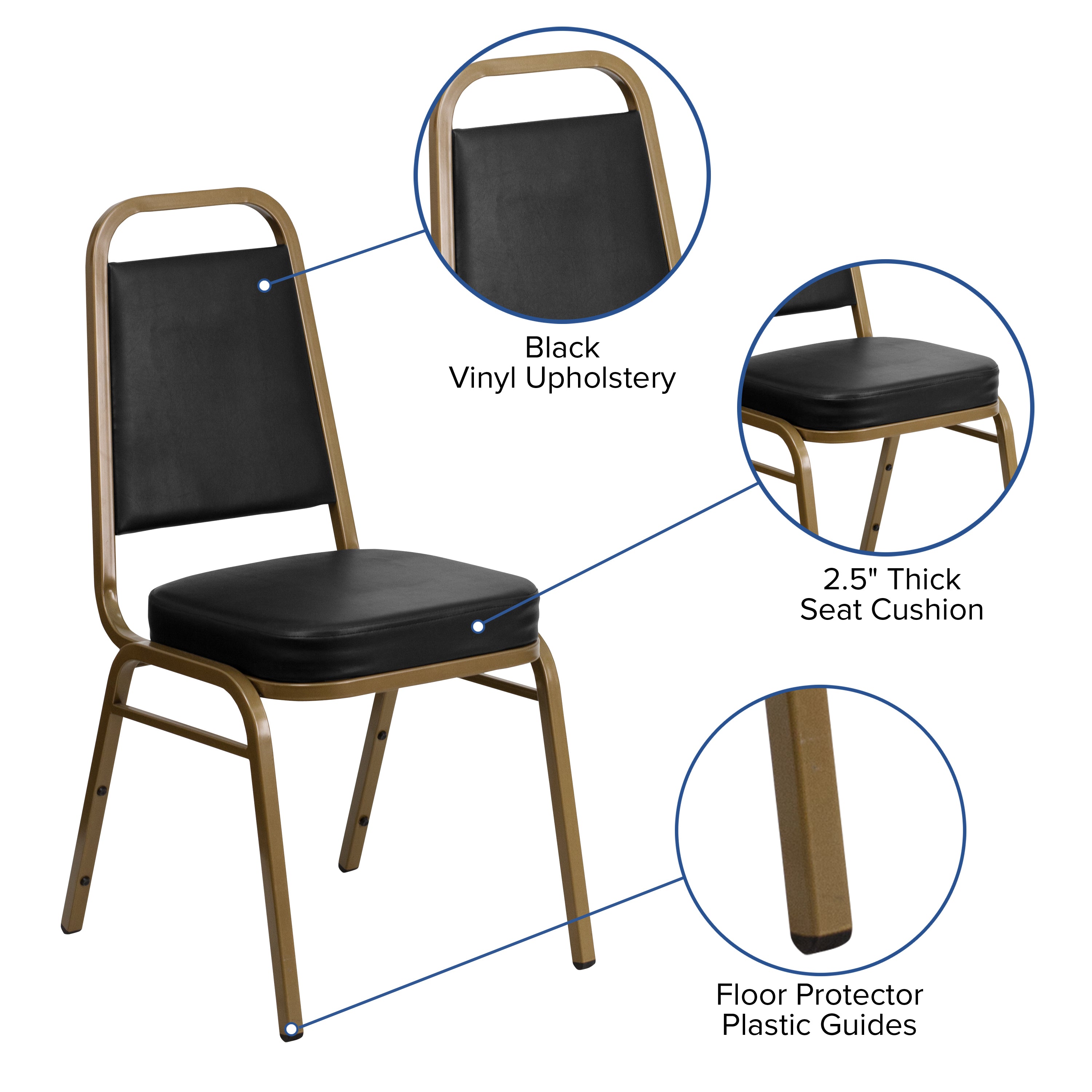HERCULES Series Trapezoidal Back Stacking Banquet Chair in Black Vinyl - Gold Frame