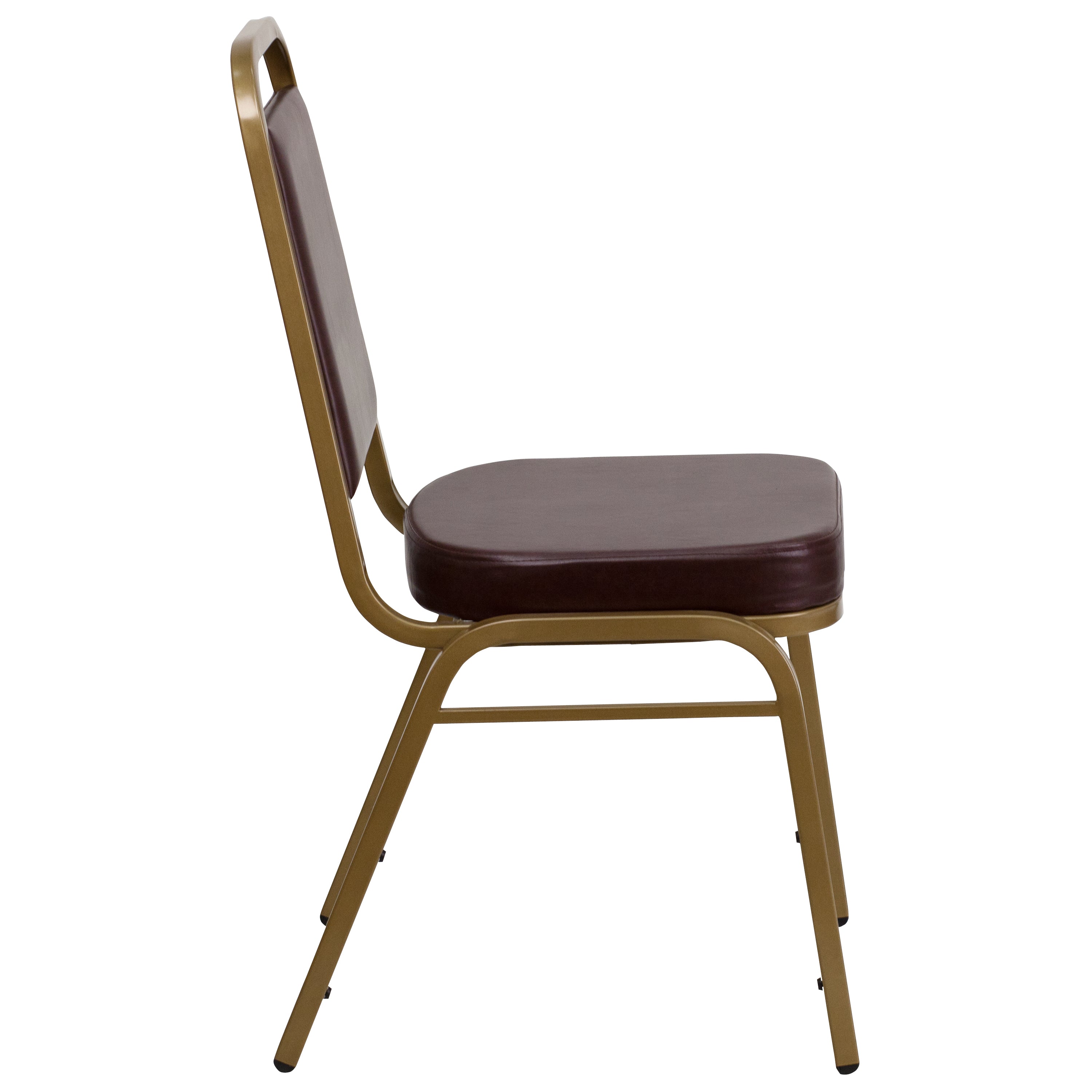 HERCULES Series Trapezoidal Back Stacking Banquet Chair in Brown Vinyl - Gold Frame