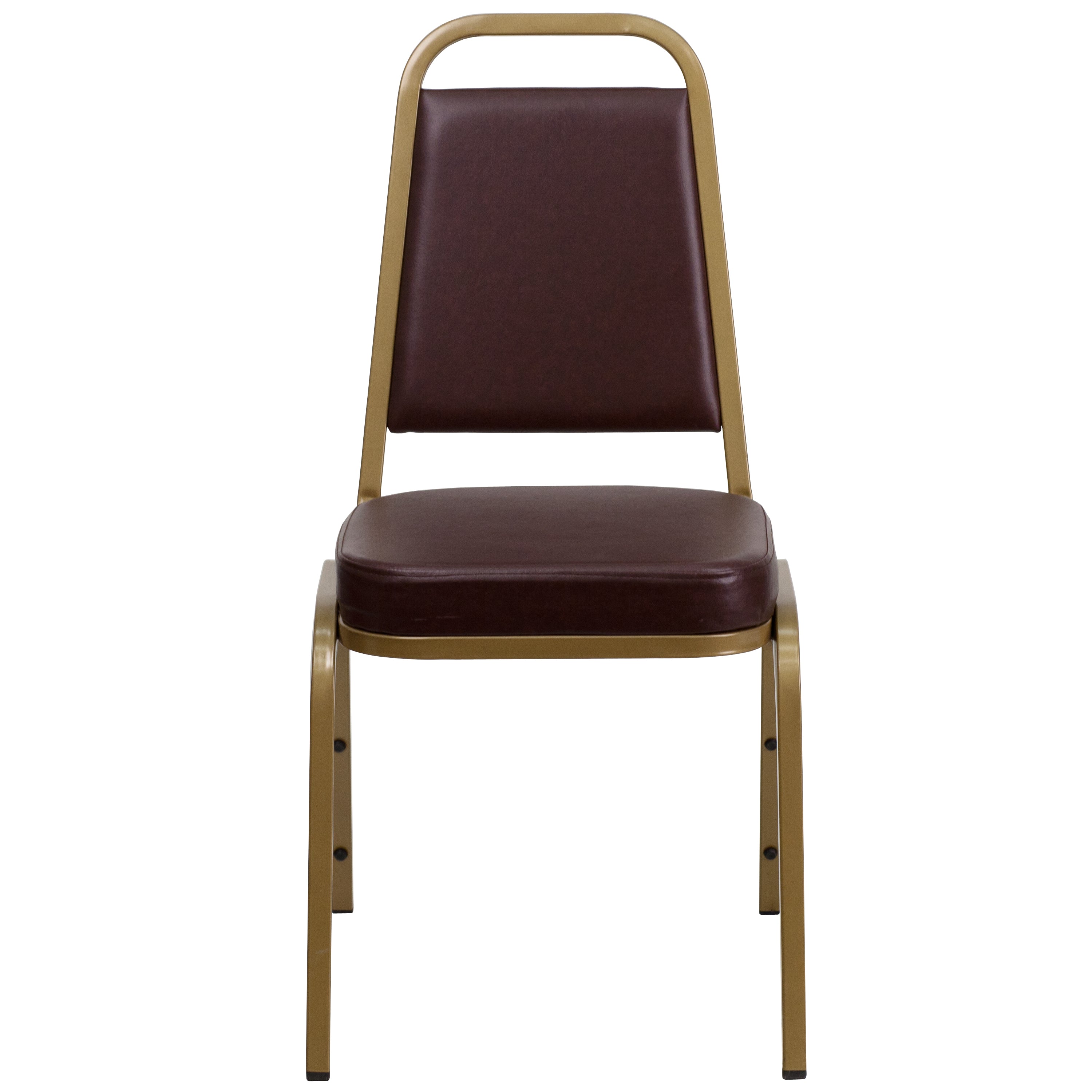 HERCULES Series Trapezoidal Back Stacking Banquet Chair in Brown Vinyl - Gold Frame