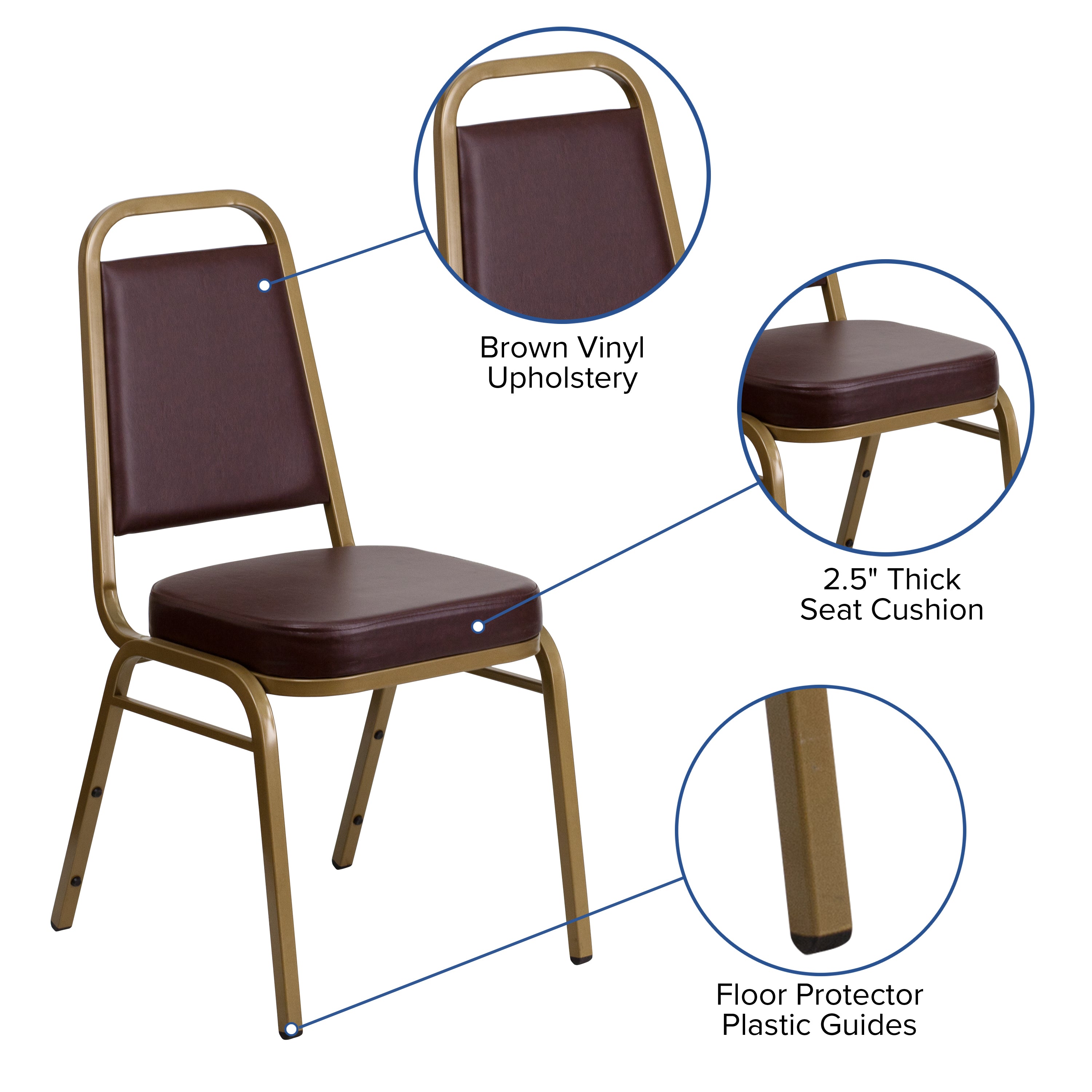 HERCULES Series Trapezoidal Back Stacking Banquet Chair in Brown Vinyl - Gold Frame