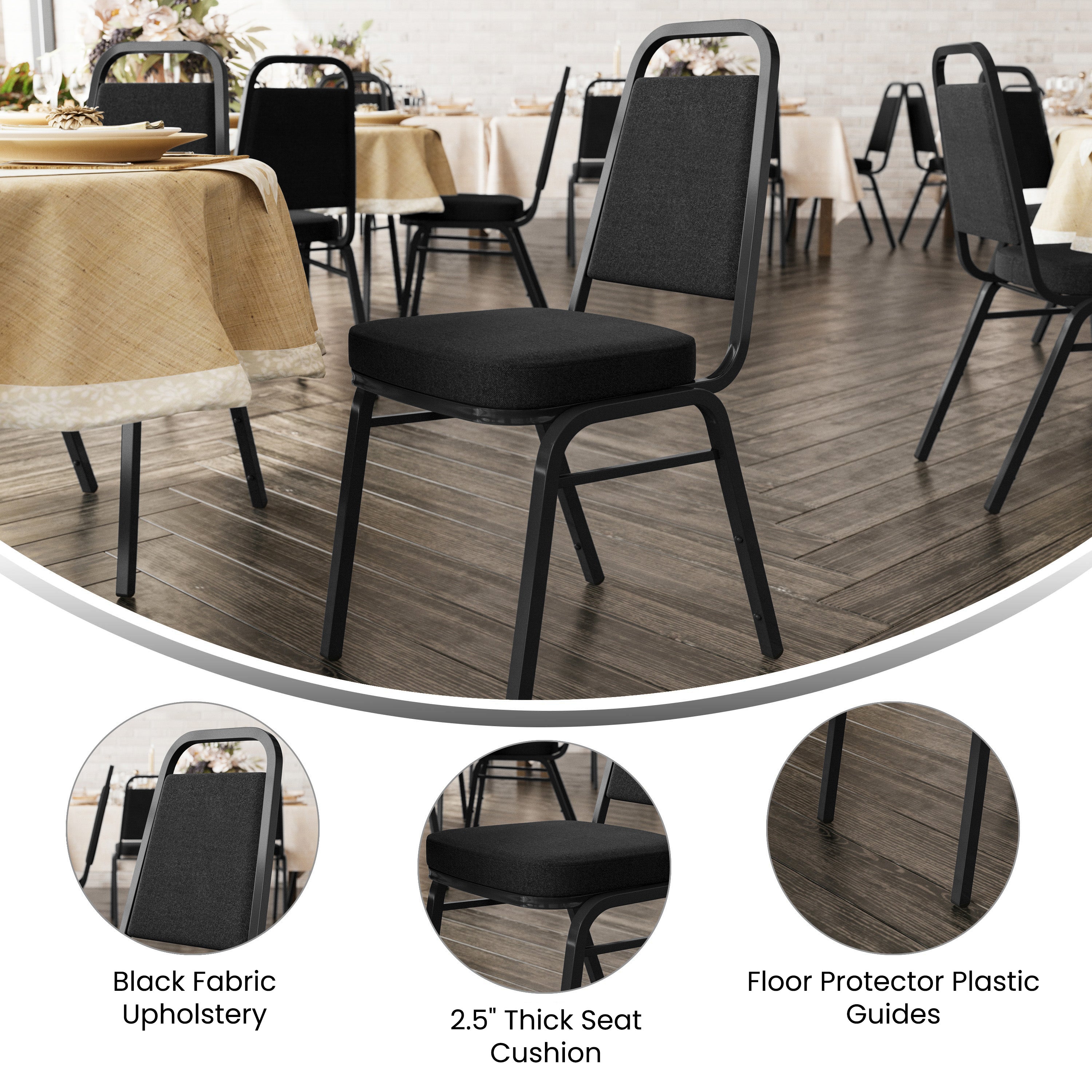 HERCULES Series Trapezoidal Back Stacking Banquet Chair with Black Fabric and 2.5'' Thick Seat - Black Frame