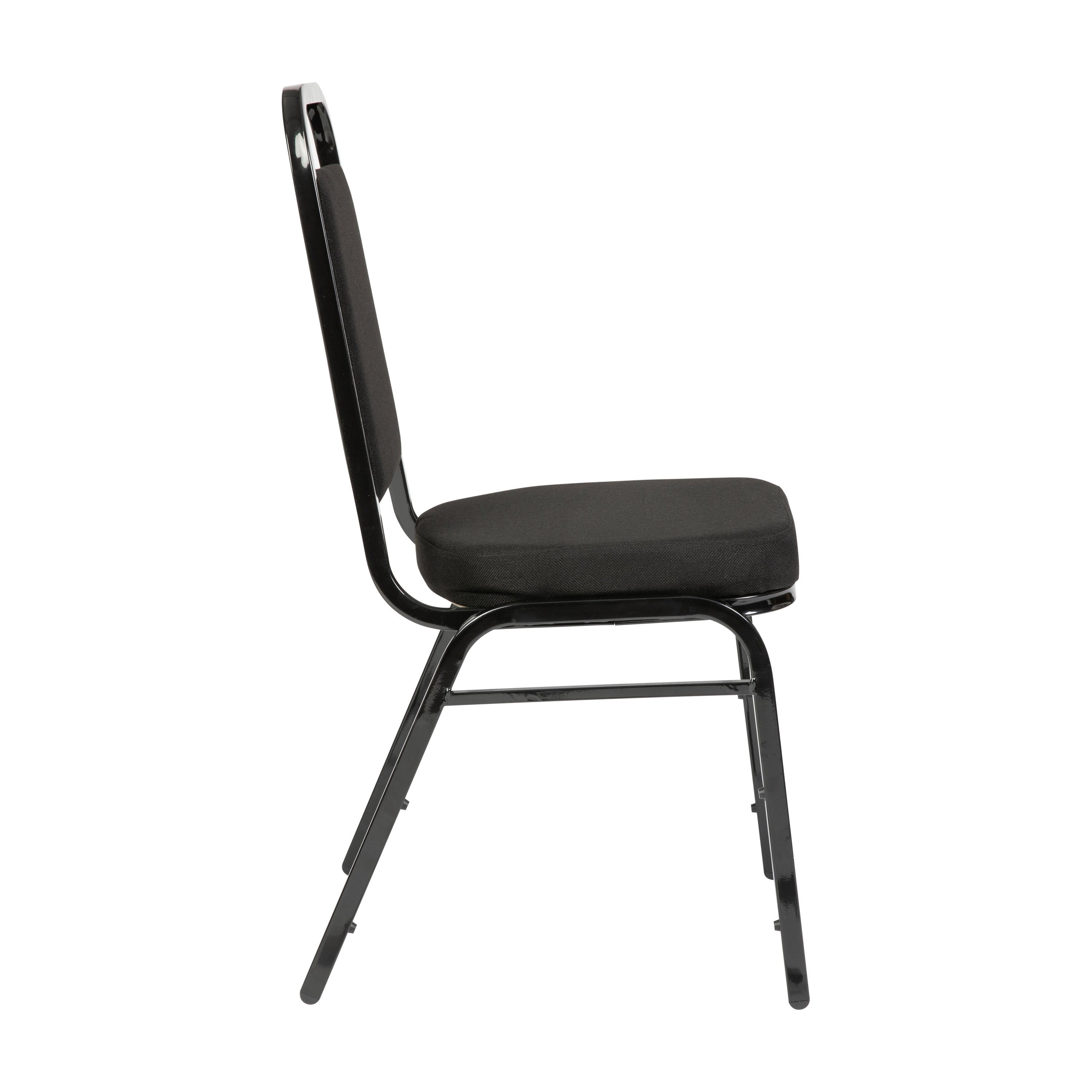 HERCULES Series Trapezoidal Back Stacking Banquet Chair with Black Fabric and 2.5'' Thick Seat - Black Frame