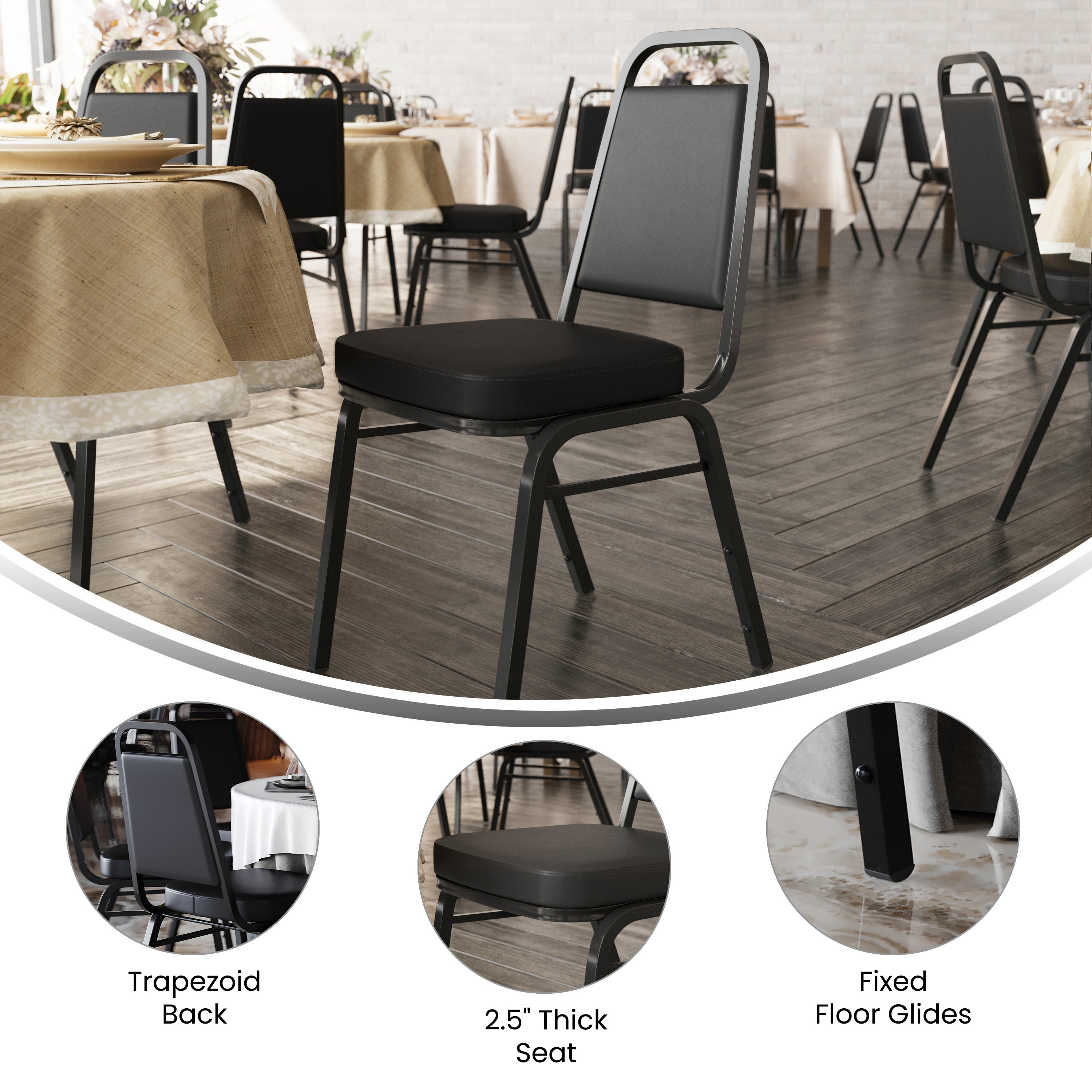 HERCULES Series Trapezoidal Back Stacking Banquet Chair in Black Vinyl - Black Frame