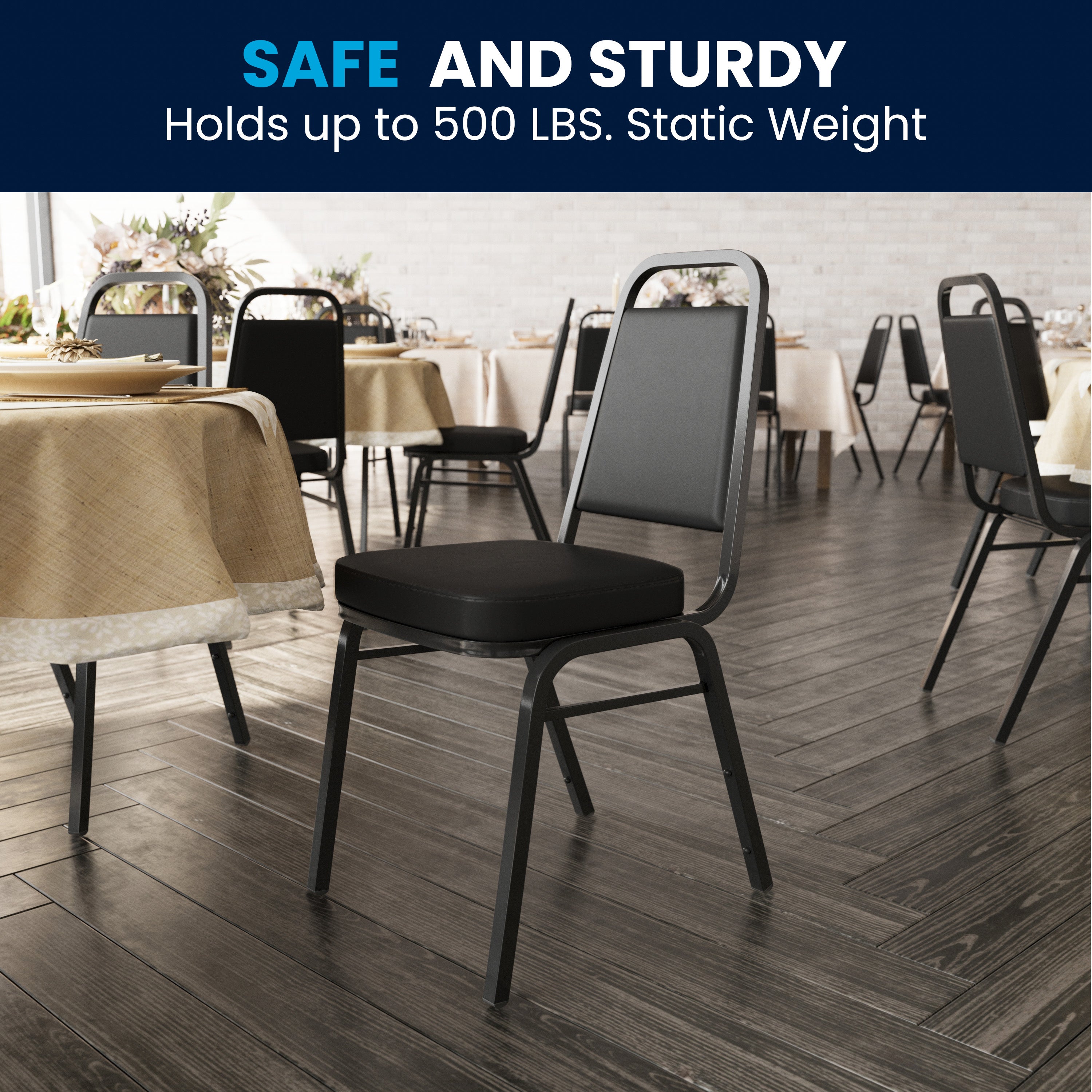 HERCULES Series Trapezoidal Back Stacking Banquet Chair in Black Vinyl - Black Frame