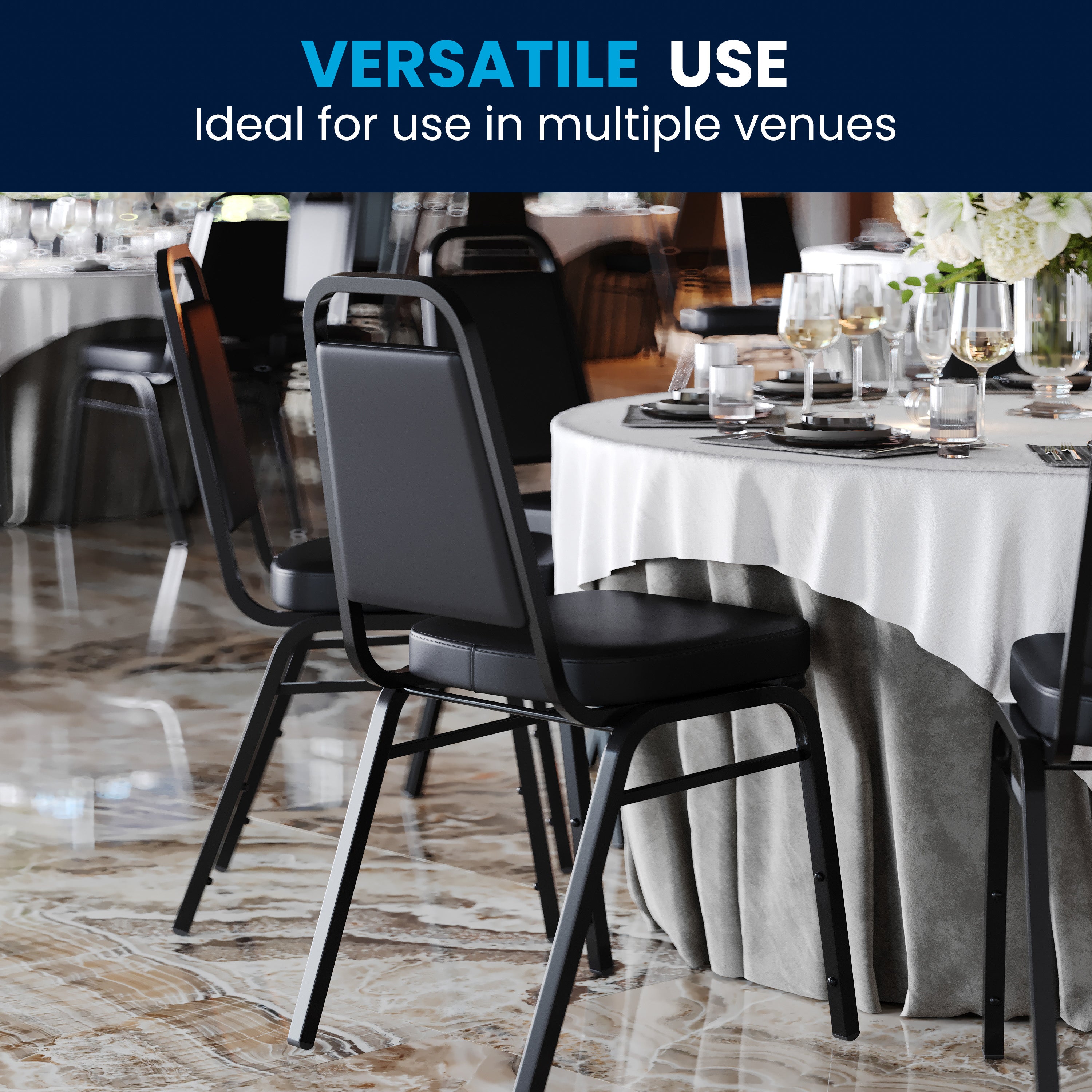 HERCULES Series Trapezoidal Back Stacking Banquet Chair in Black Vinyl - Black Frame
