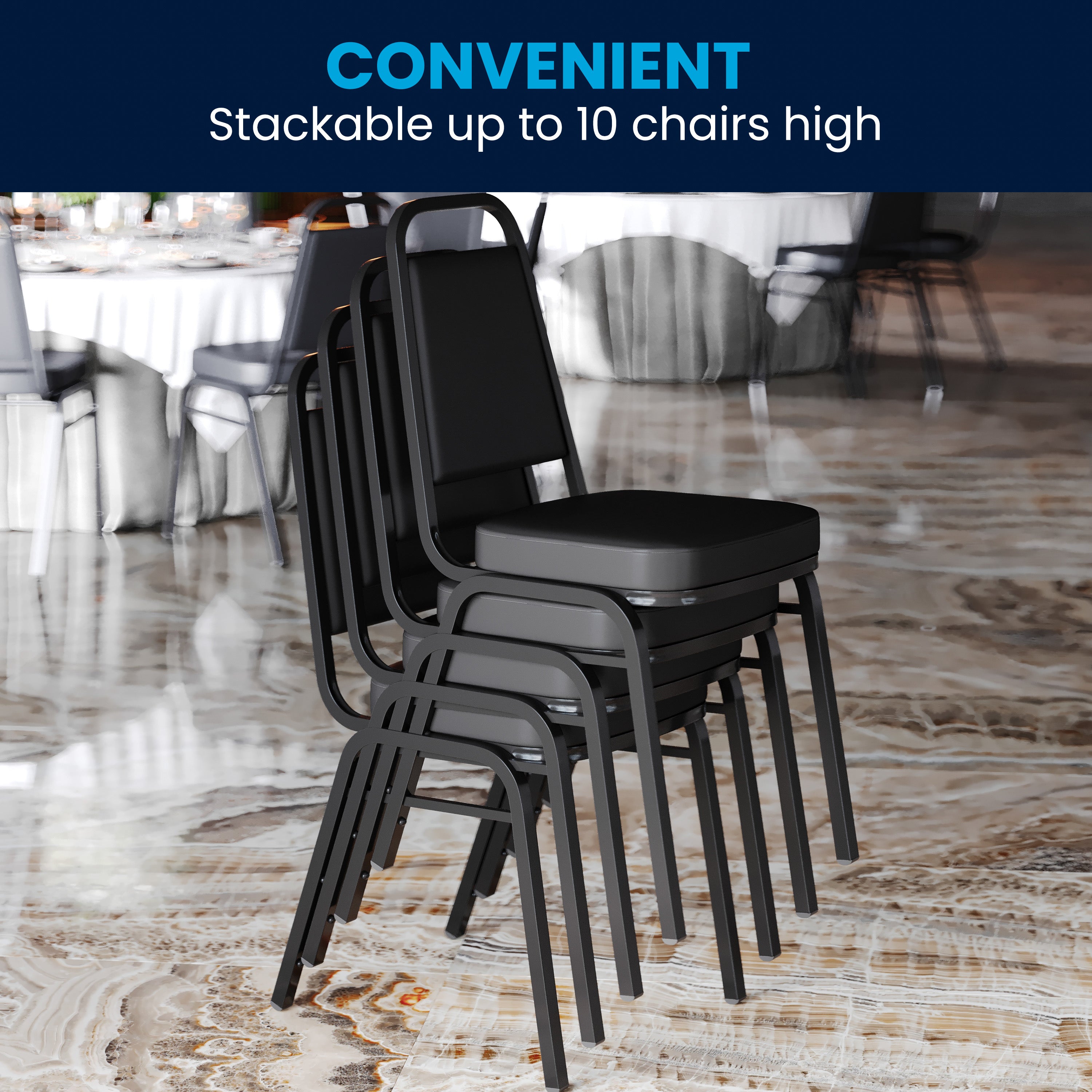 HERCULES Series Trapezoidal Back Stacking Banquet Chair in Black Vinyl - Black Frame