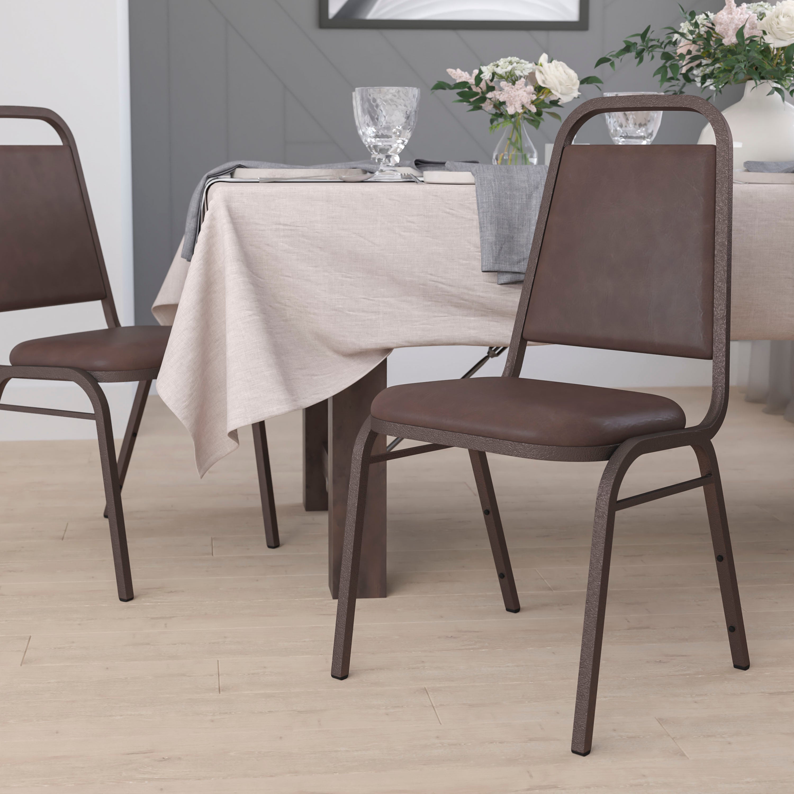 HERCULES Series Trapezoidal Back Stacking Banquet Chair in Brown Vinyl - Copper Vein Frame