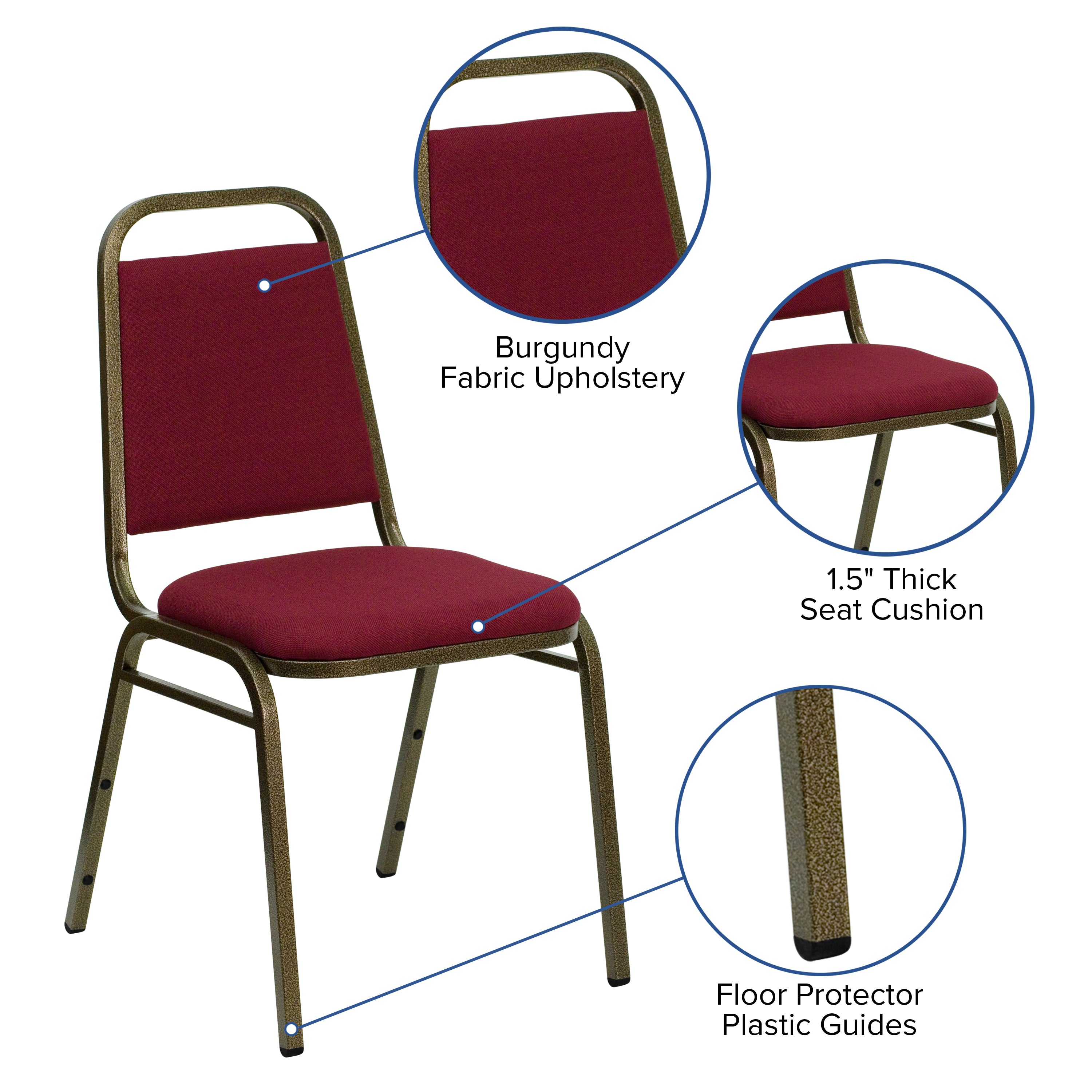HERCULES Series Trapezoidal Back Stacking Banquet Chair in Burgundy Fabric - Gold Vein Frame