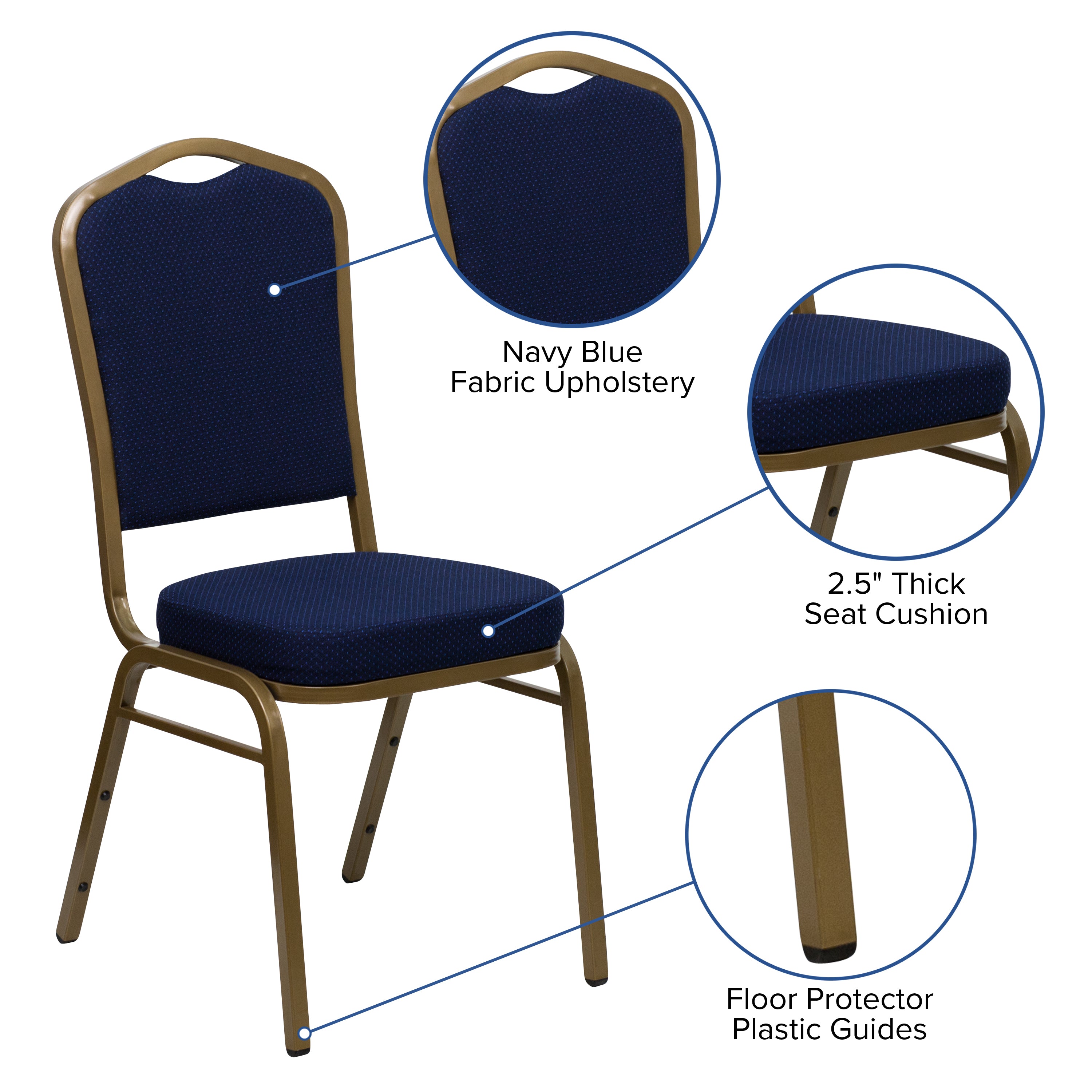 HERCULES Series Crown Back Stacking Banquet Chair in Navy Blue Patterned Fabric - Gold Frame