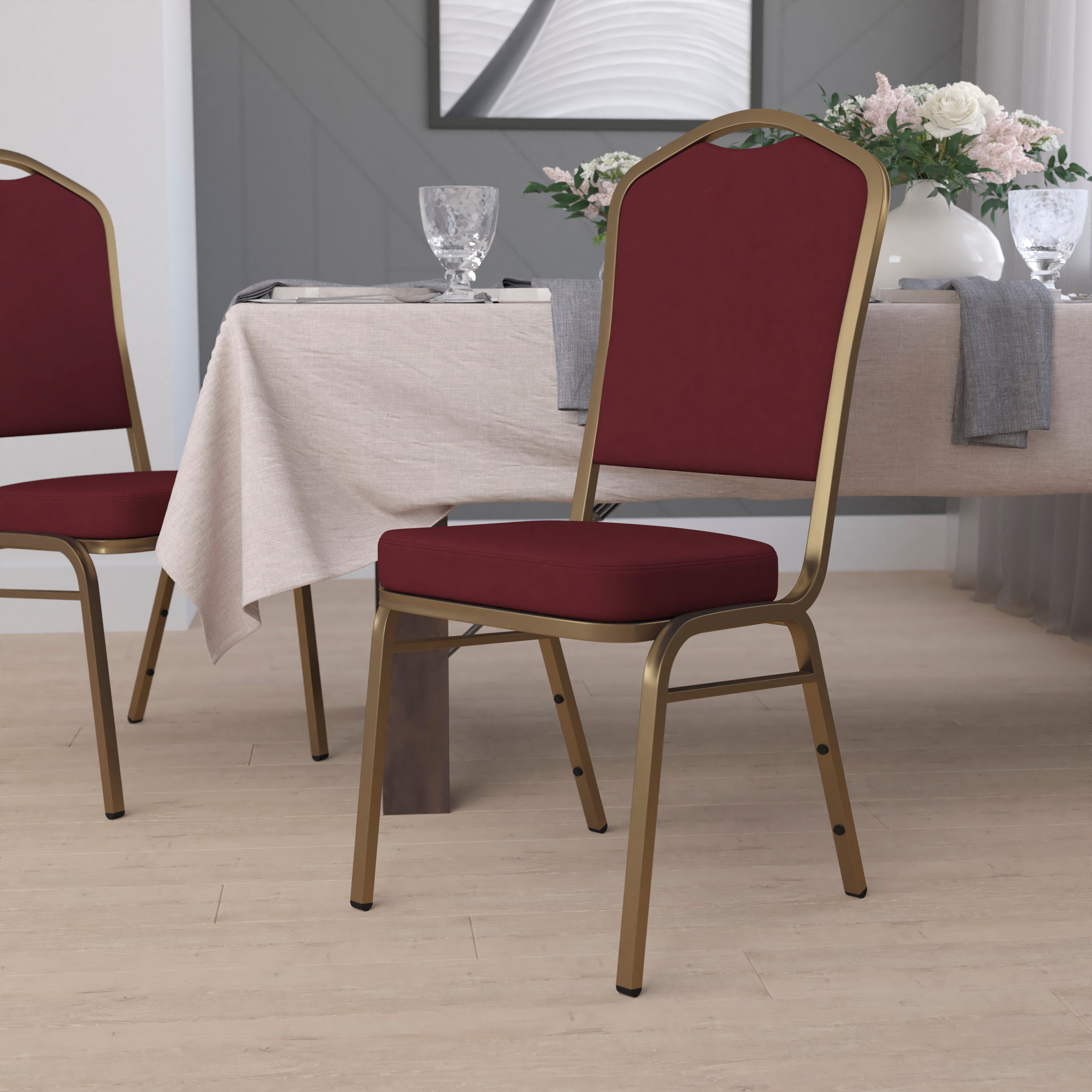 HERCULES Series Crown Back Stacking Banquet Chair in Burgundy Fabric - Gold Frame