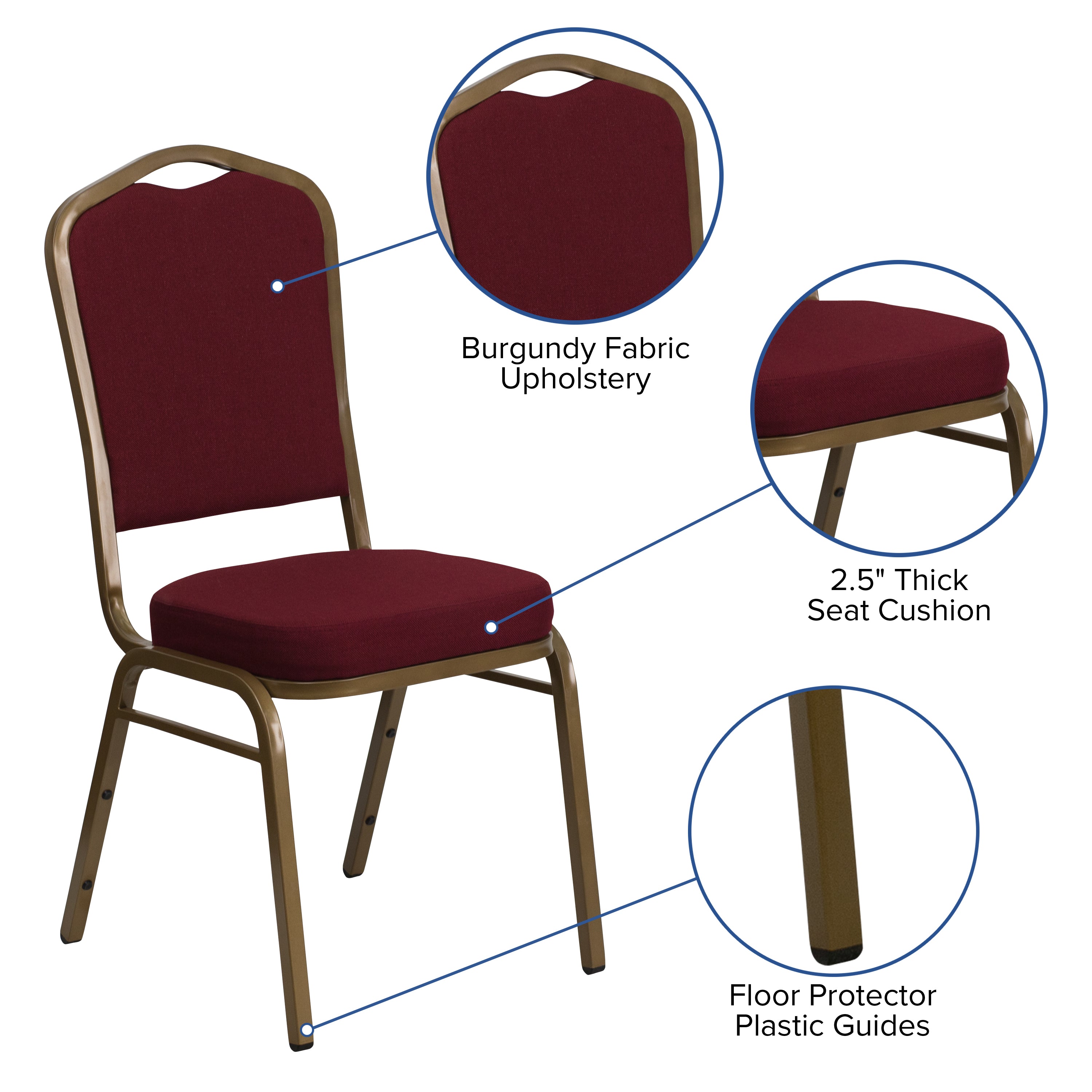 HERCULES Series Crown Back Stacking Banquet Chair in Burgundy Fabric - Gold Frame