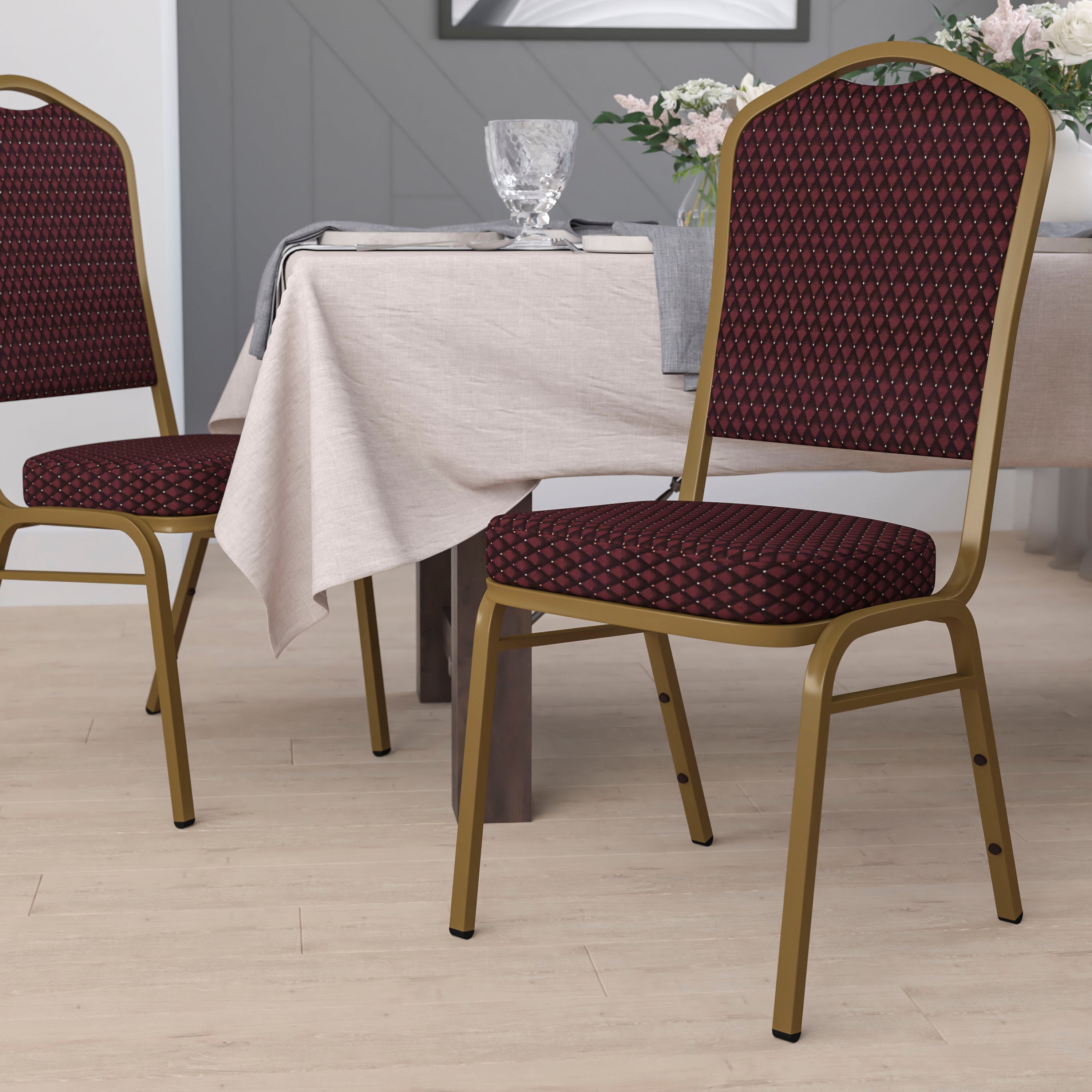 HERCULES Series Crown Back Stacking Banquet Chair in Burgundy Patterned Fabric - Gold Frame