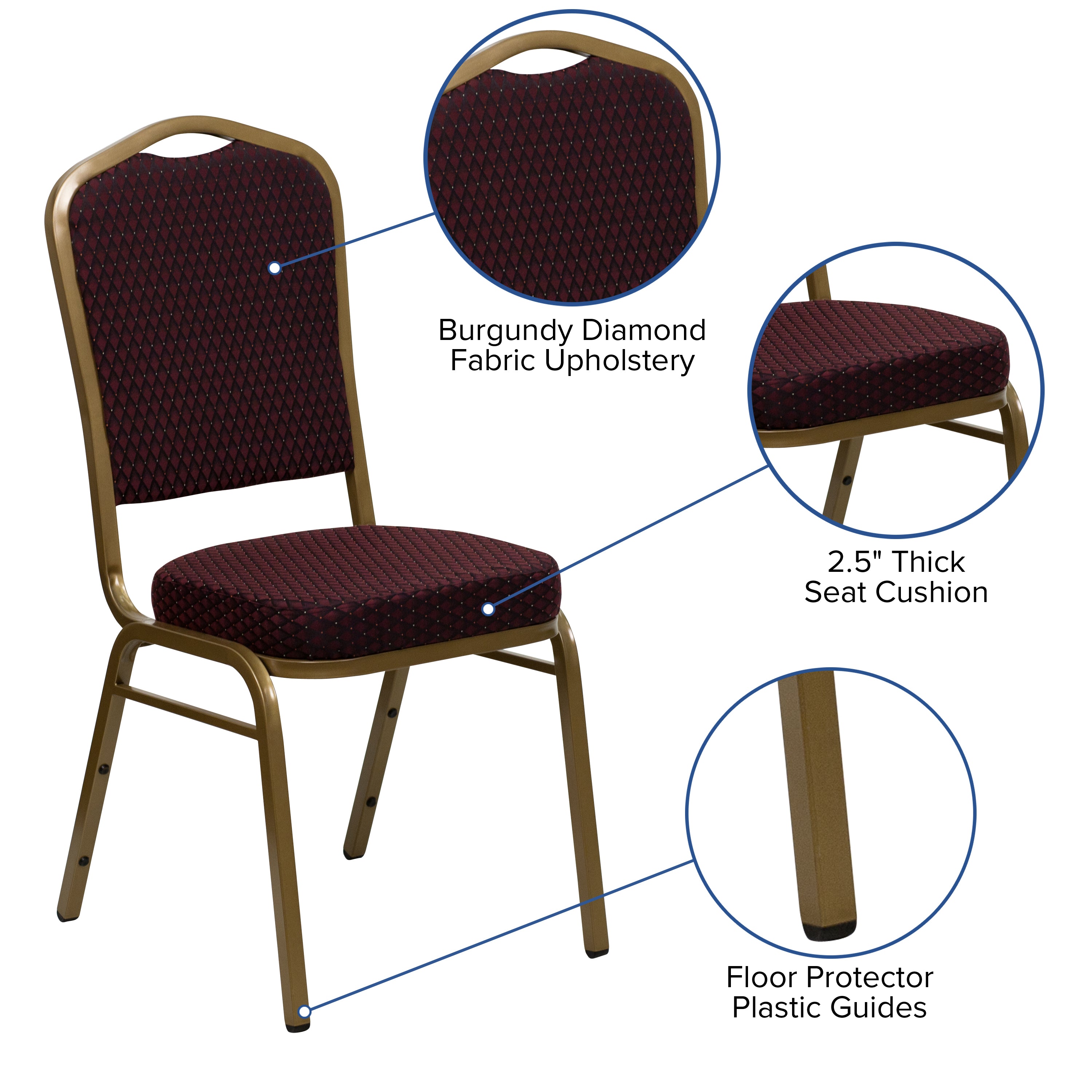 HERCULES Series Crown Back Stacking Banquet Chair in Burgundy Patterned Fabric - Gold Frame