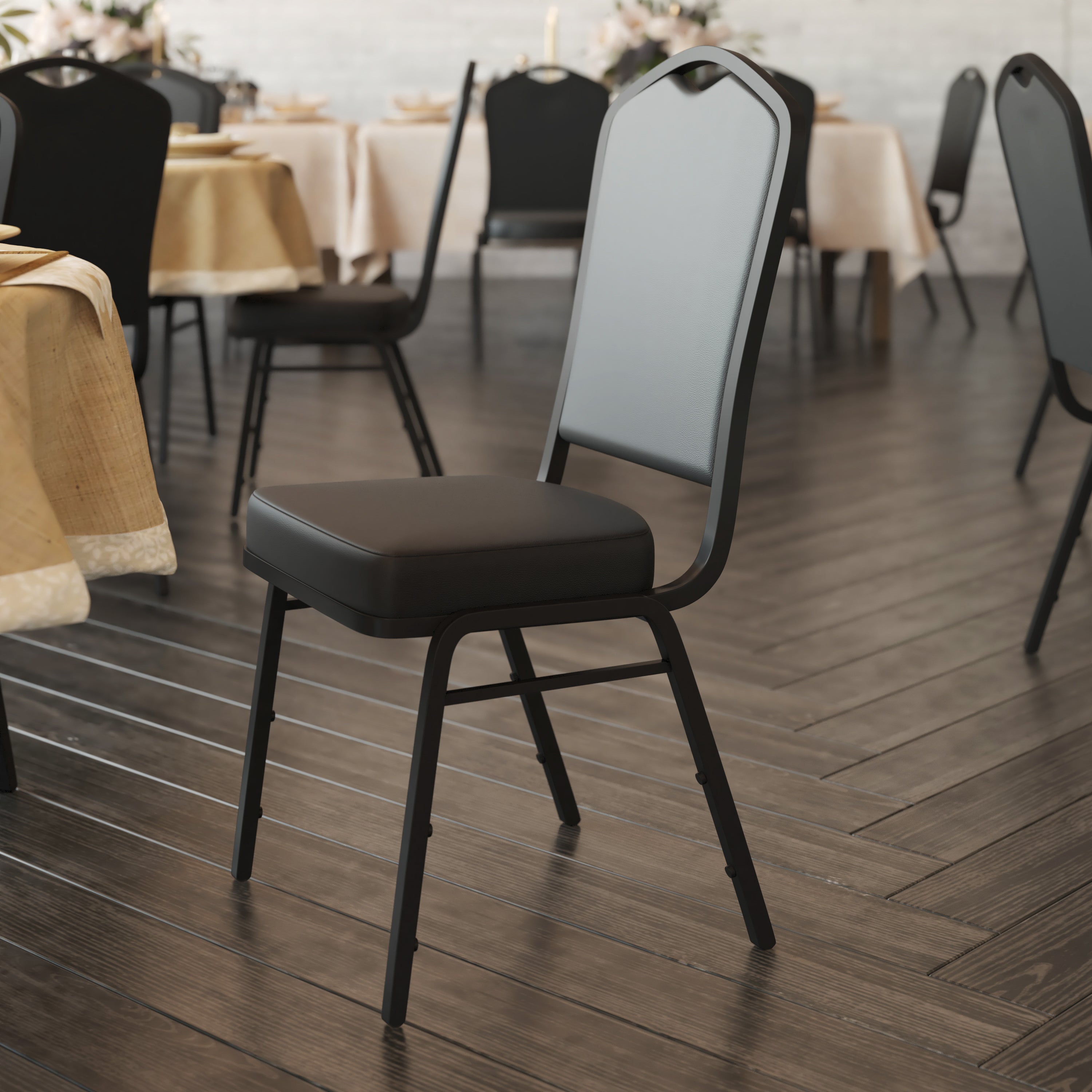 HERCULES Series Crown Back Stacking Banquet Chair in Black Vinyl - Black Frame