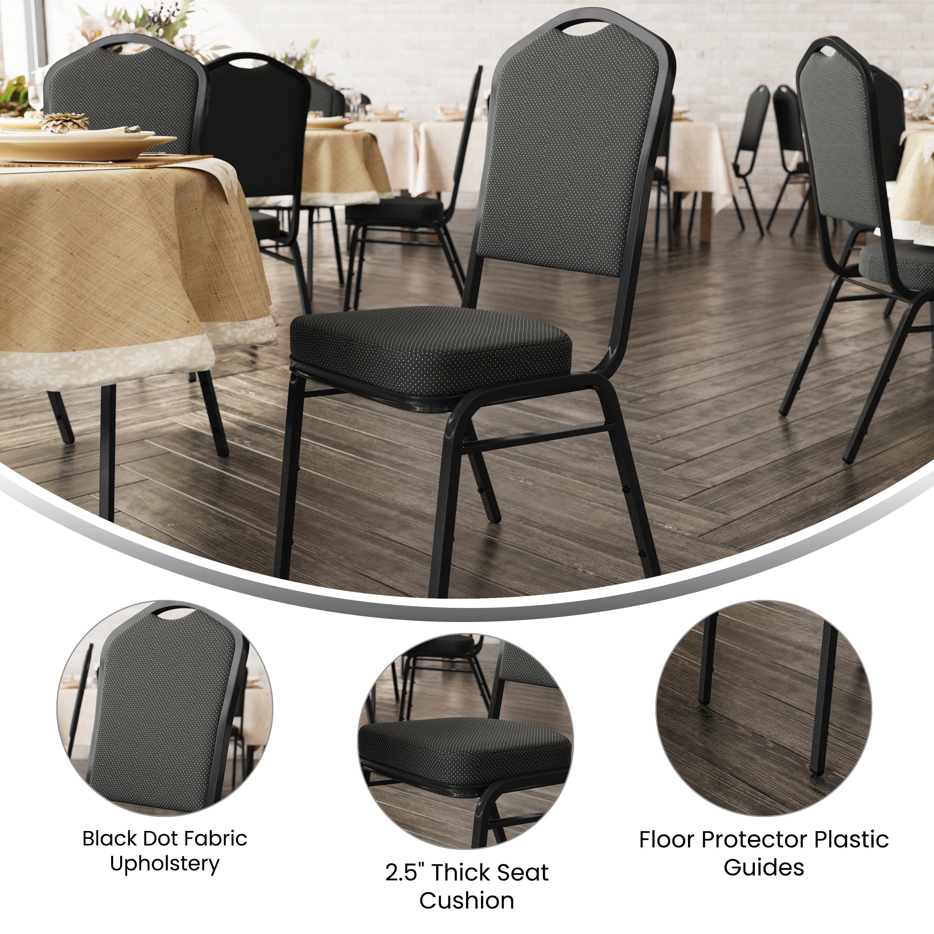 HERCULES Series Crown Back Stacking Banquet Chair in Black Dot Patterned Fabric - Black Frame