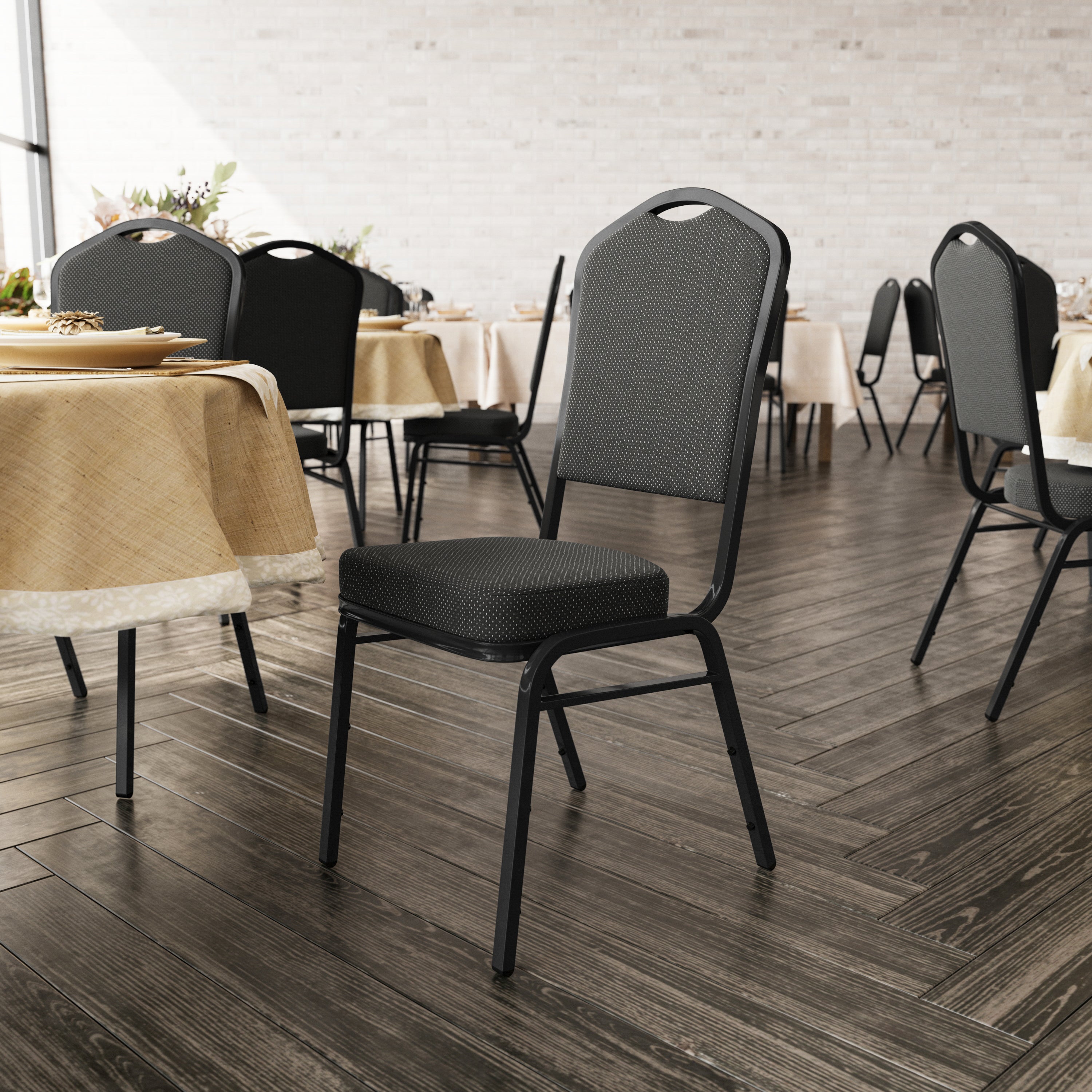 HERCULES Series Crown Back Stacking Banquet Chair in Black Dot Patterned Fabric - Black Frame
