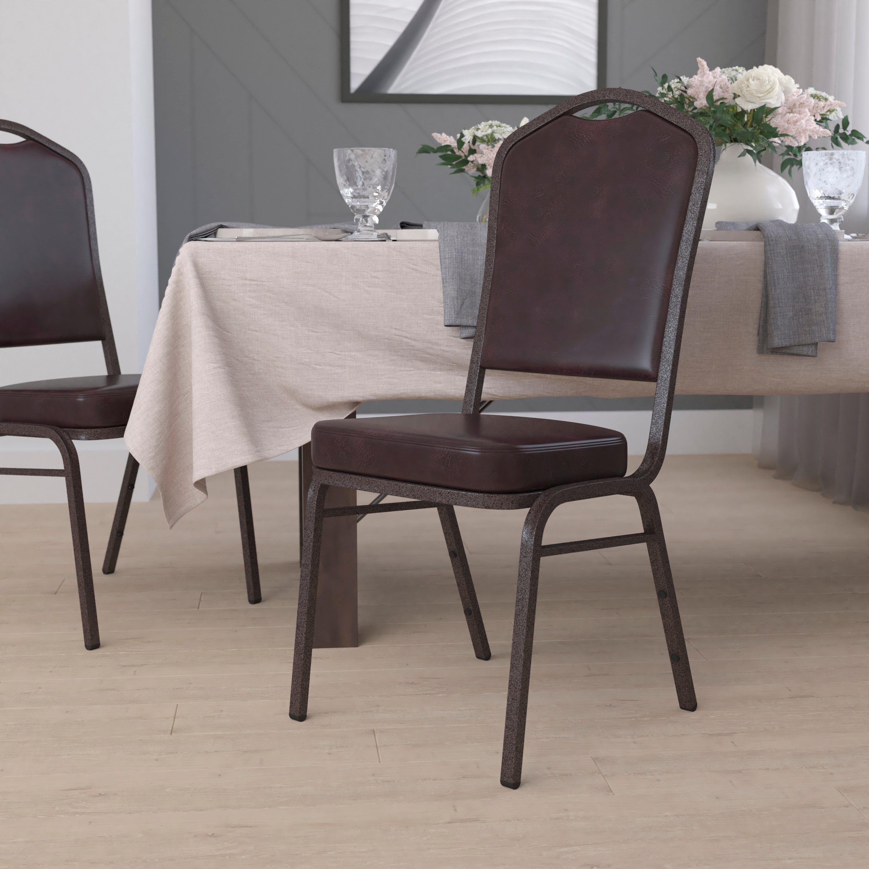HERCULES Series Crown Back Stacking Banquet Chair in Brown Vinyl - Copper Vein Frame