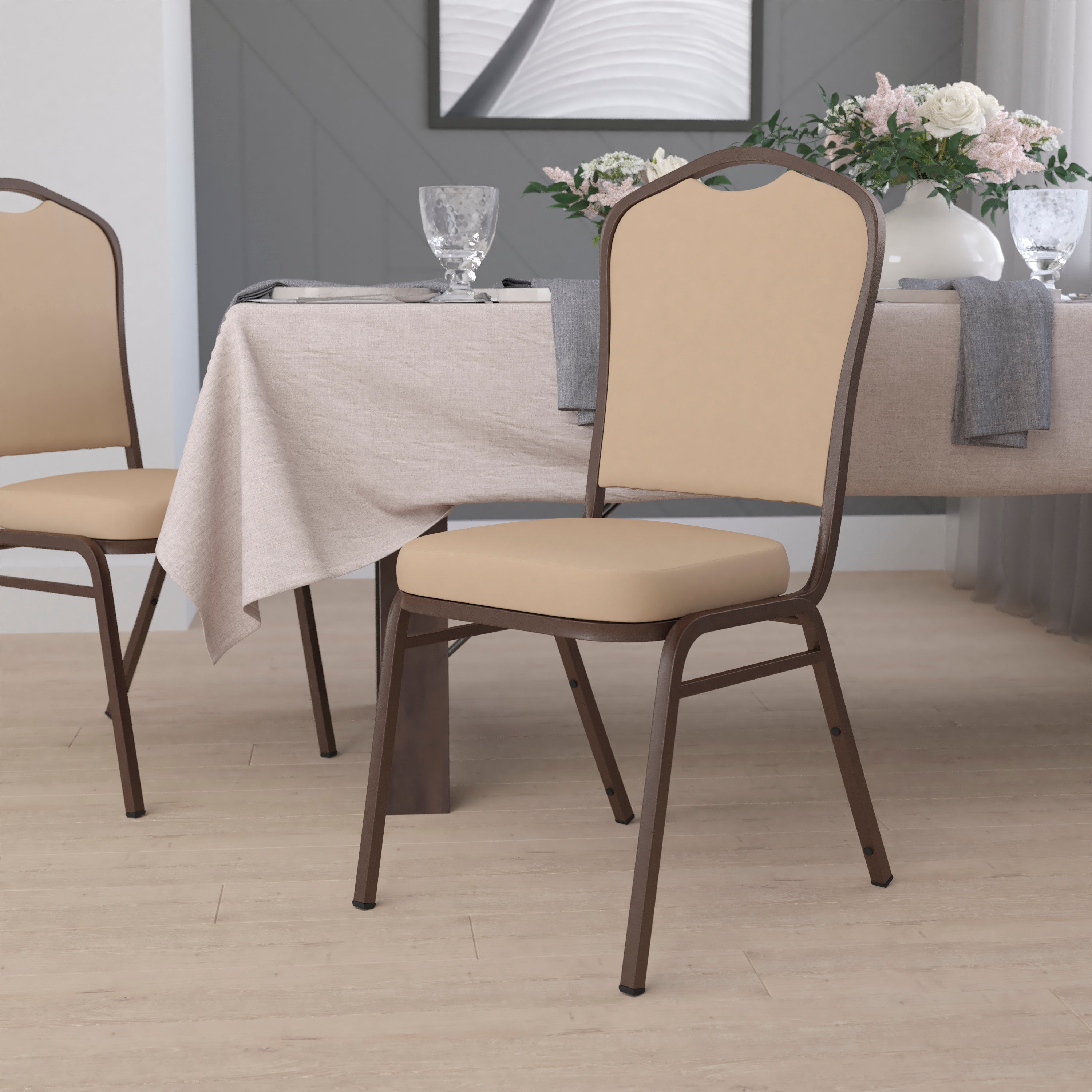 HERCULES Series Crown Back Stacking Banquet Chair in Tan Vinyl - Copper Vein Frame