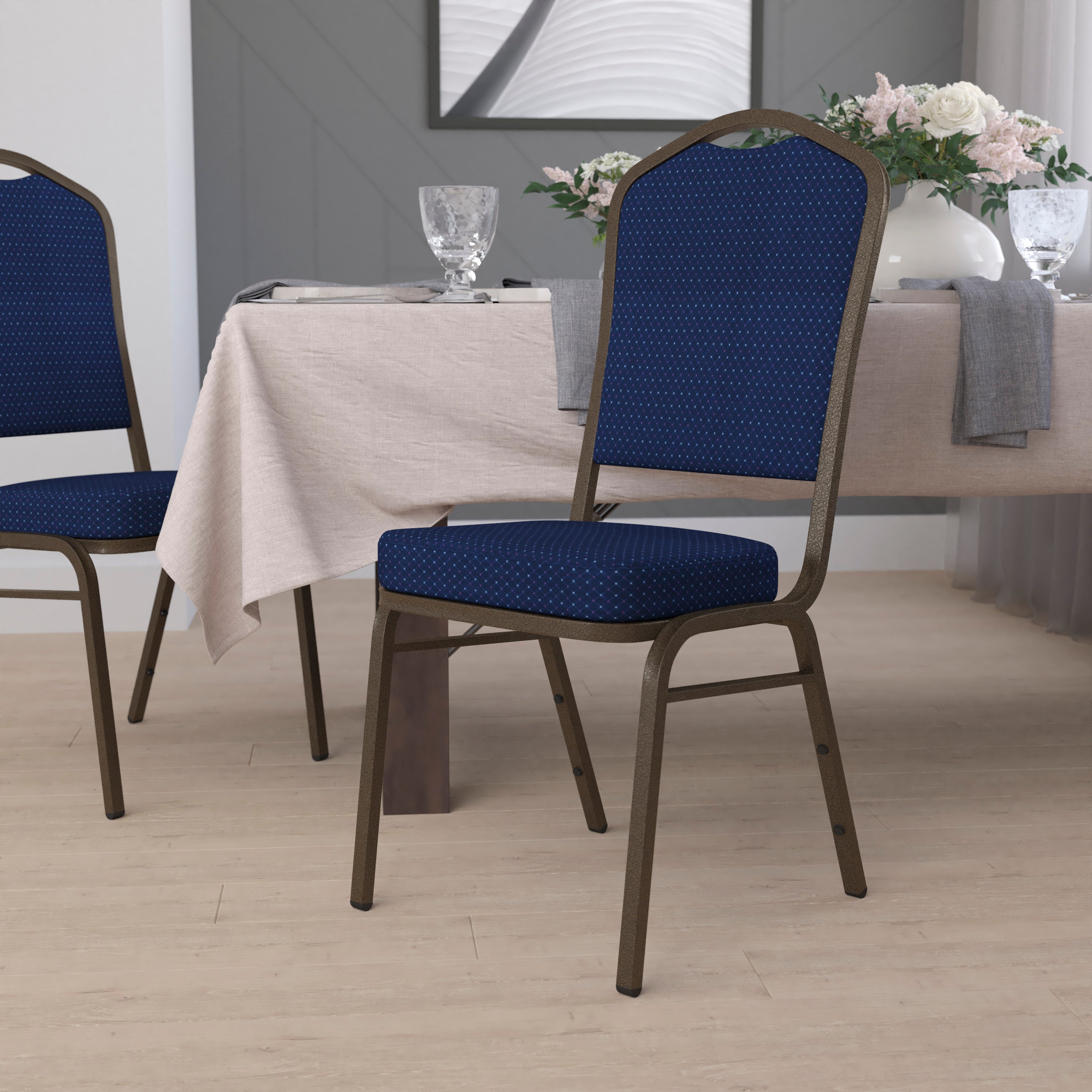 HERCULES Series Crown Back Stacking Banquet Chair in Navy Blue Patterned Fabric - Gold Vein Frame