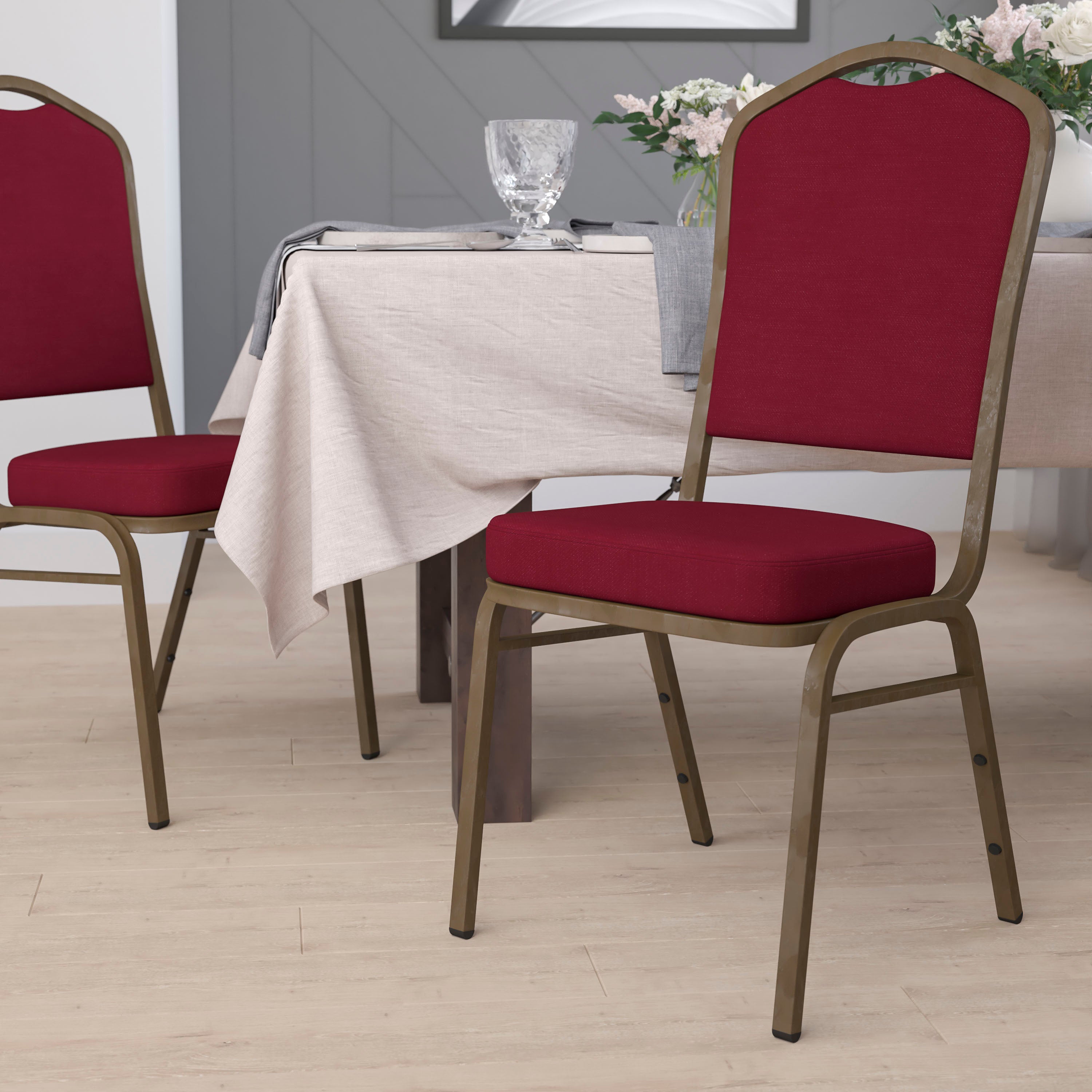 HERCULES Series Crown Back Stacking Banquet Chair in Burgundy Fabric - Gold Vein Frame