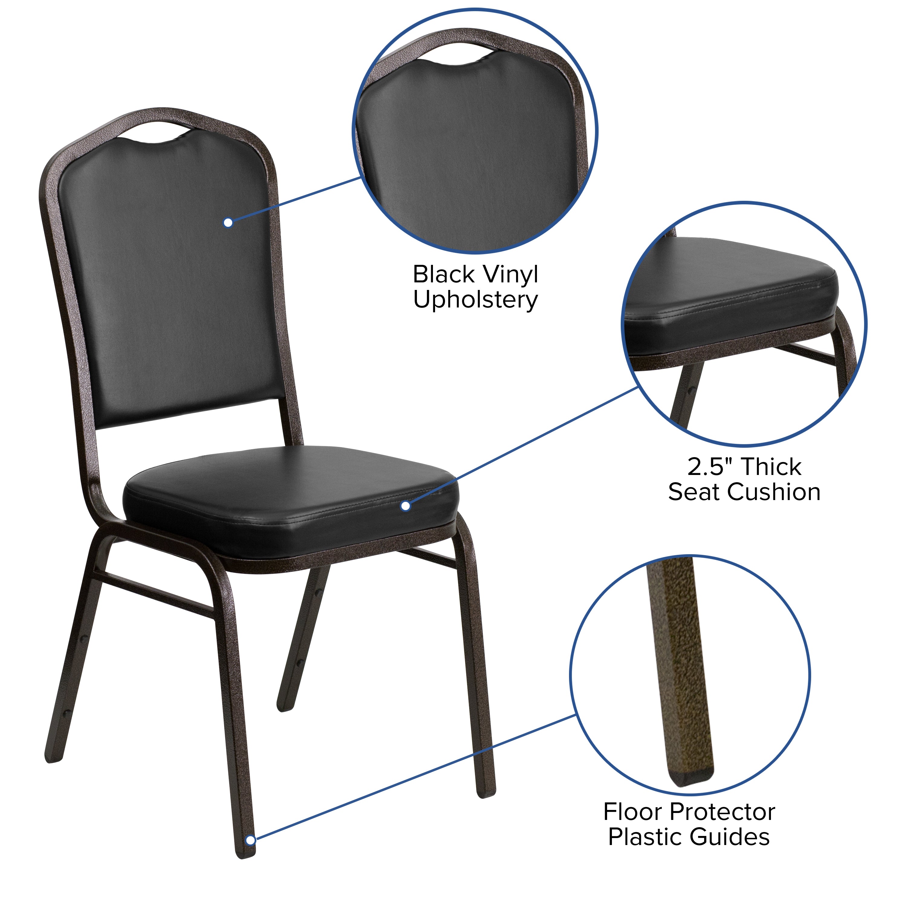 HERCULES Series Crown Back Stacking Banquet Chair in Black Vinyl - Gold Vein Frame