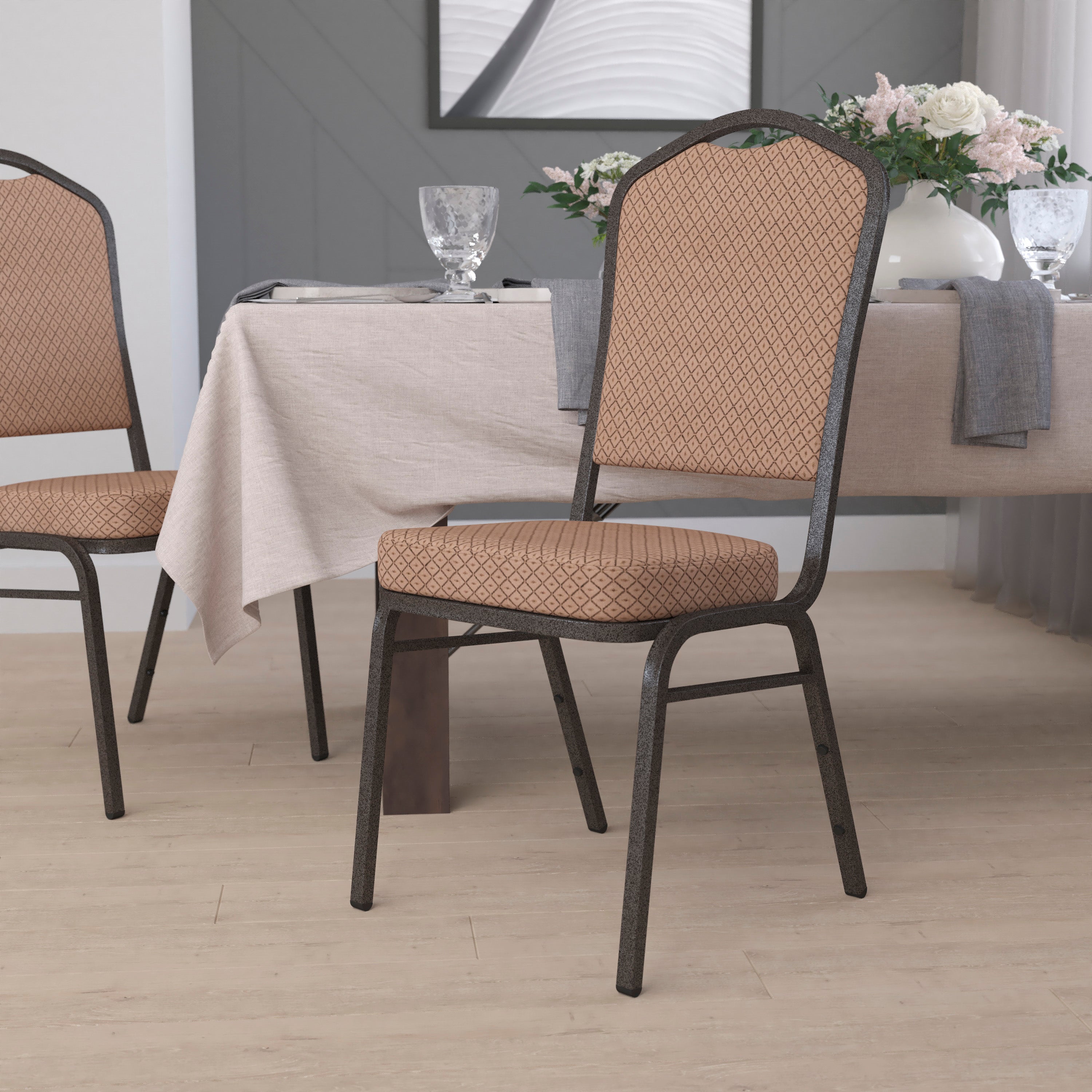 HERCULES Series Crown Back Stacking Banquet Chair in Gold Diamond Patterned Fabric - Gold Vein Frame