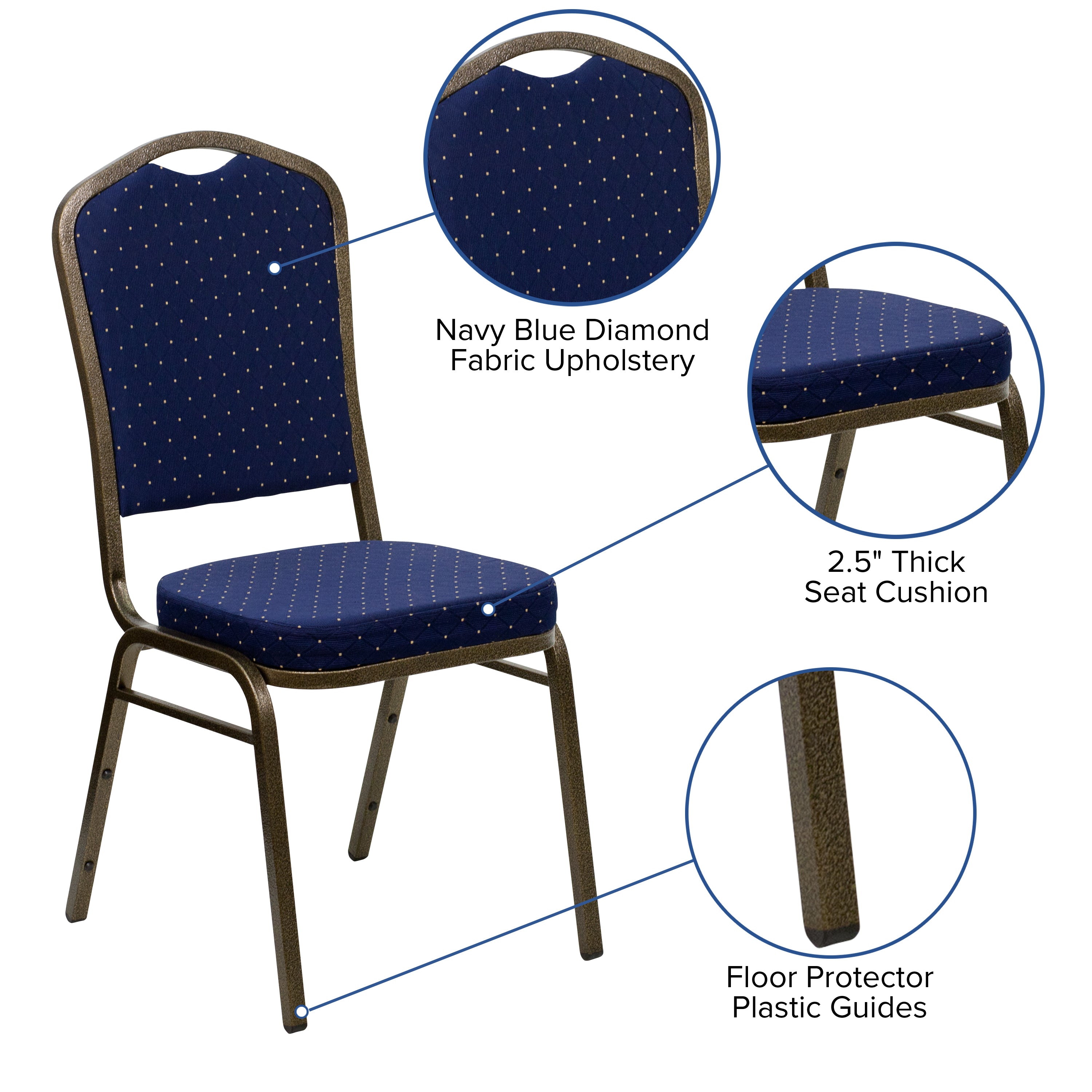 HERCULES Series Crown Back Stacking Banquet Chair in Navy Blue Dot Patterned Fabric - Gold Vein Frame