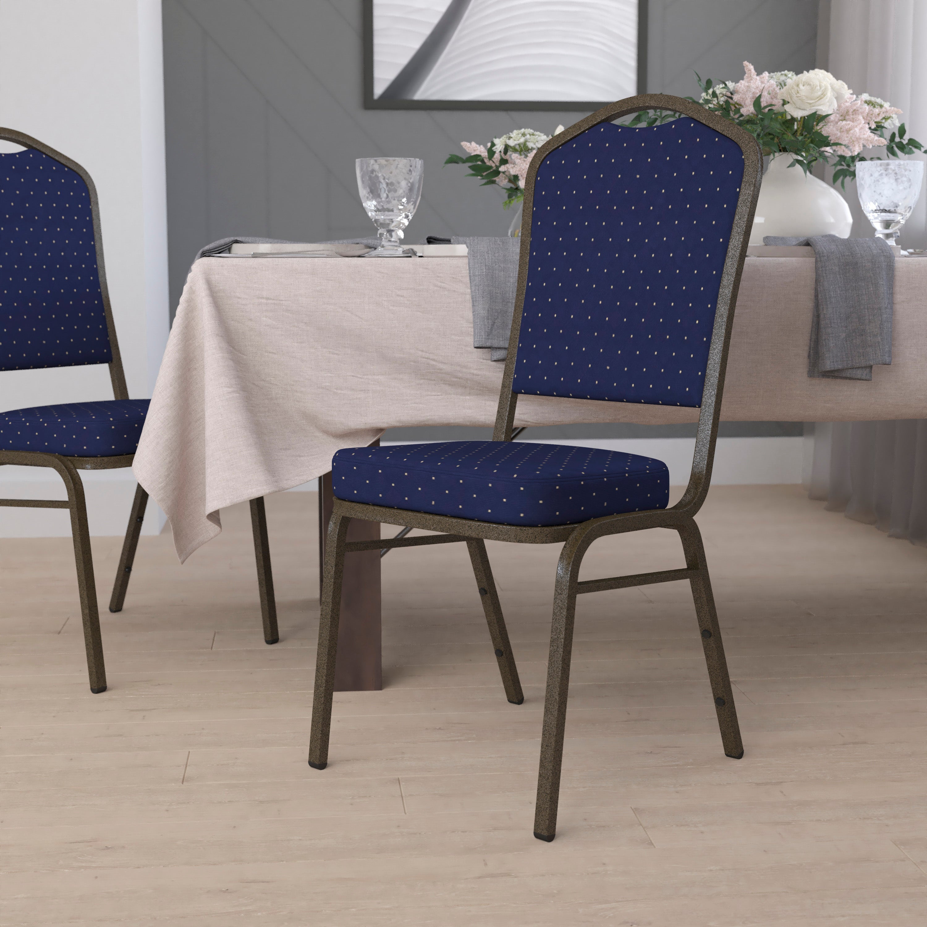 HERCULES Series Crown Back Stacking Banquet Chair in Navy Blue Dot Patterned Fabric - Gold Vein Frame