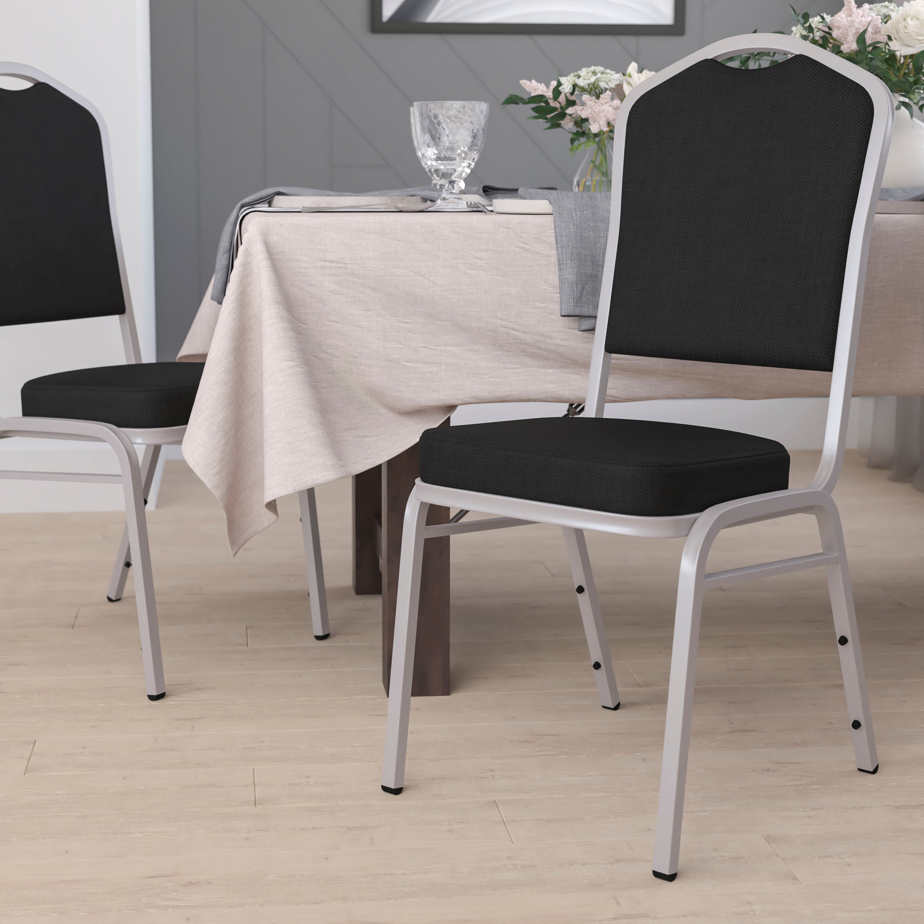 HERCULES Series Crown Back Stacking Banquet Chair in Black Fabric - Silver Frame