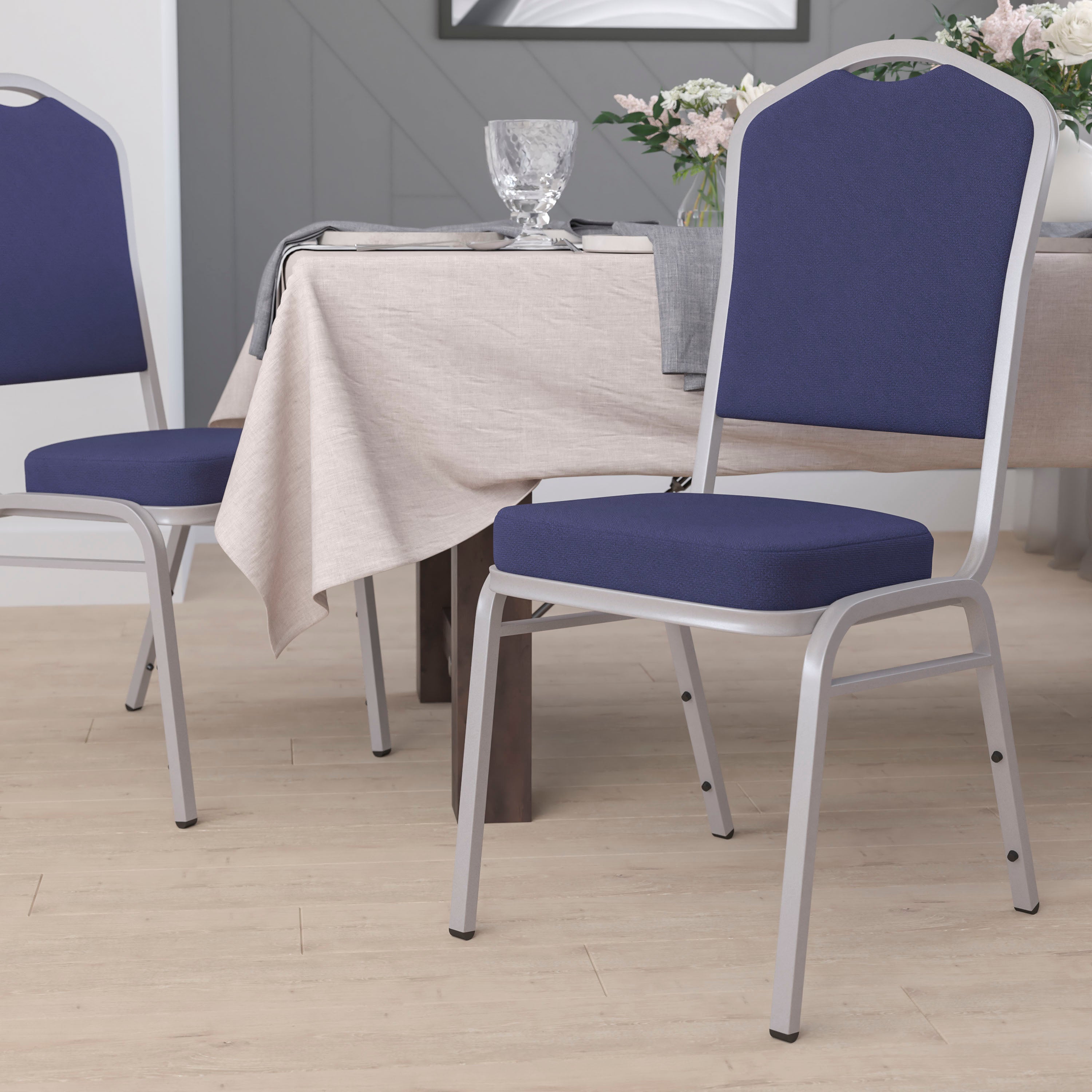 HERCULES Series Crown Back Stacking Banquet Chair in Navy Fabric - Silver Frame