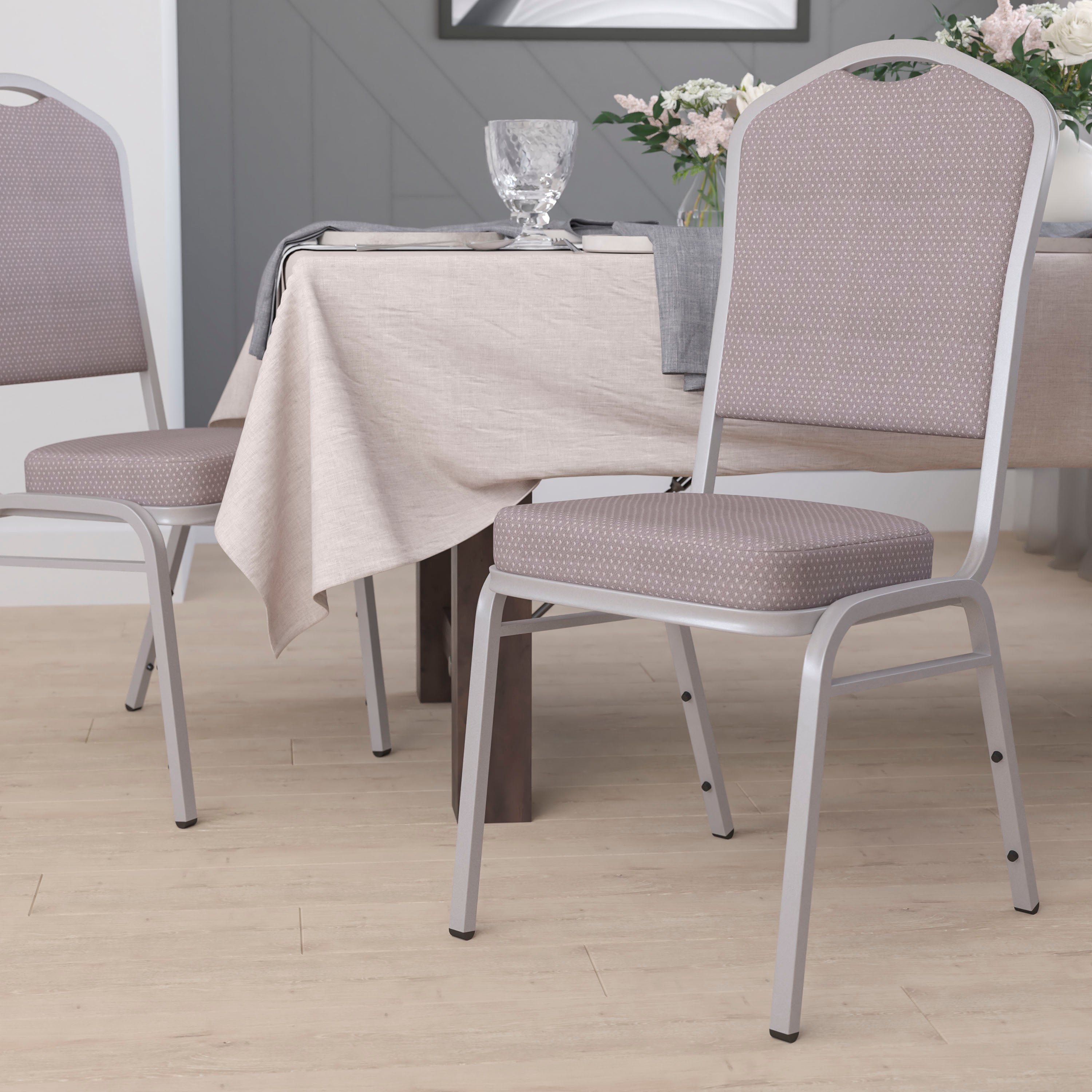 HERCULES Series Crown Back Stacking Banquet Chair in Gray Dot Fabric - Silver Frame