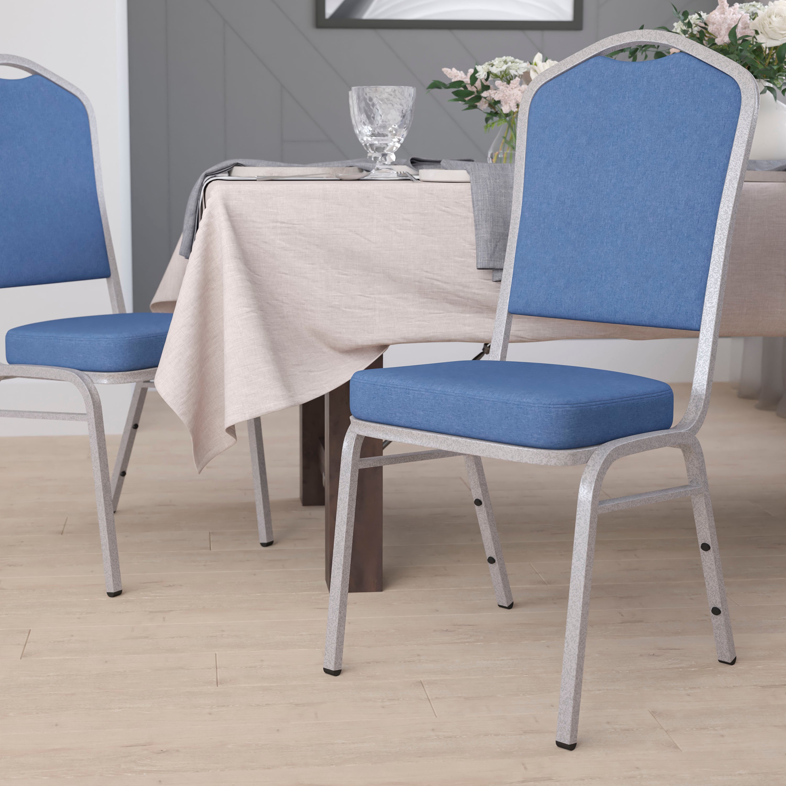 HERCULES Series Crown Back Stacking Banquet Chair in Blue Fabric - Silver Frame