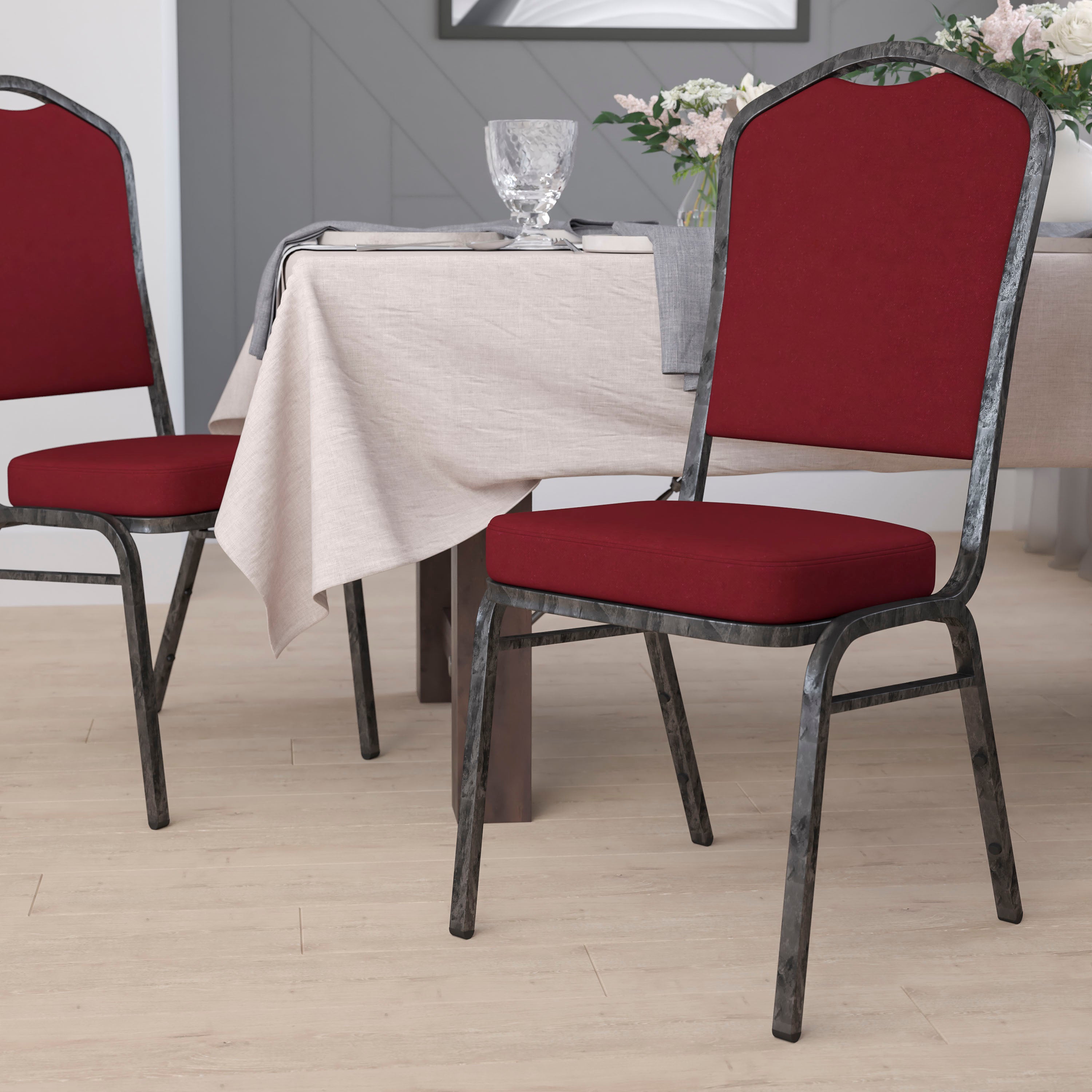 HERCULES Series Crown Back Stacking Banquet Chair in Burgundy Fabric - Silver Vein Frame