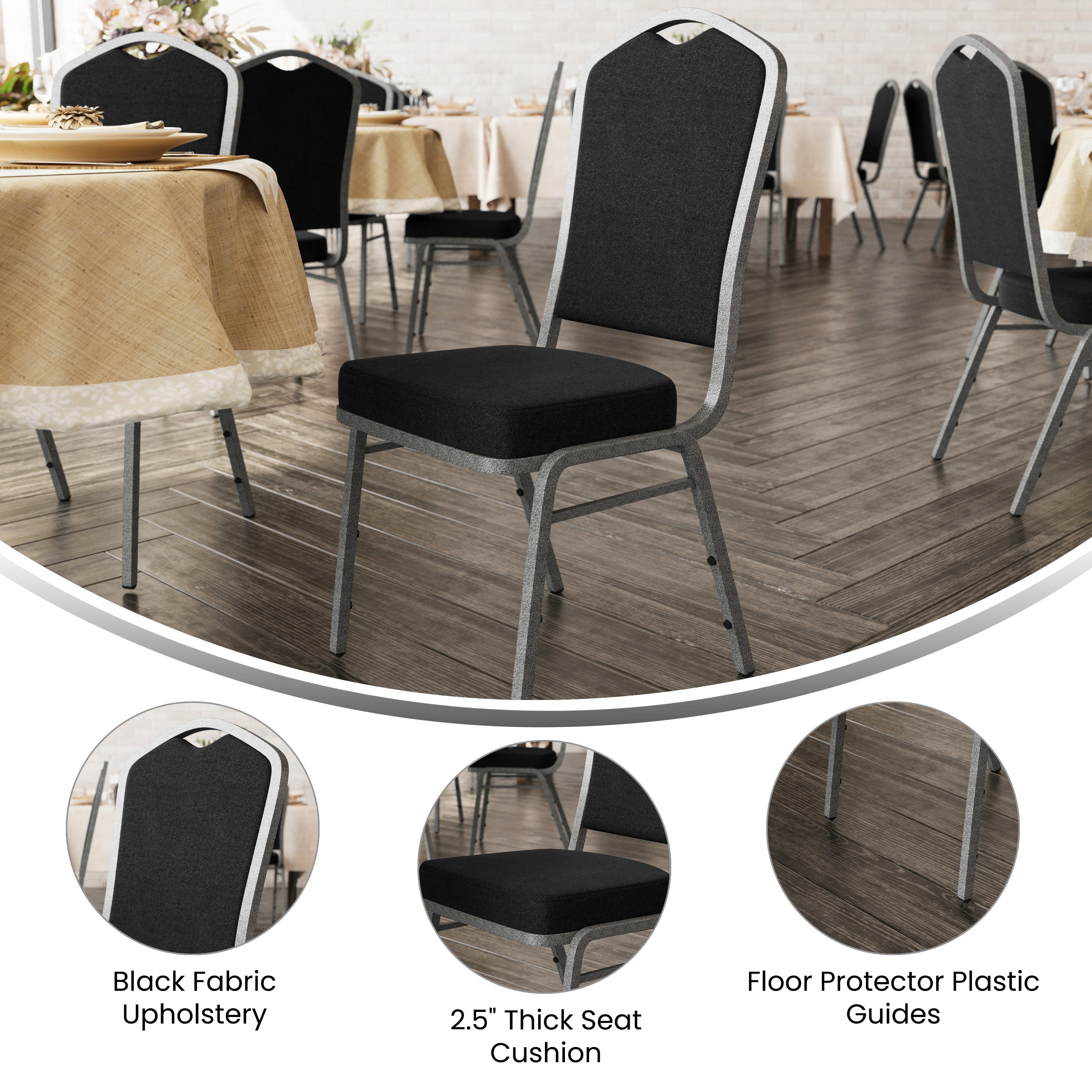 HERCULES Series Crown Back Stacking Banquet Chair in Black Fabric - Silver Vein Frame