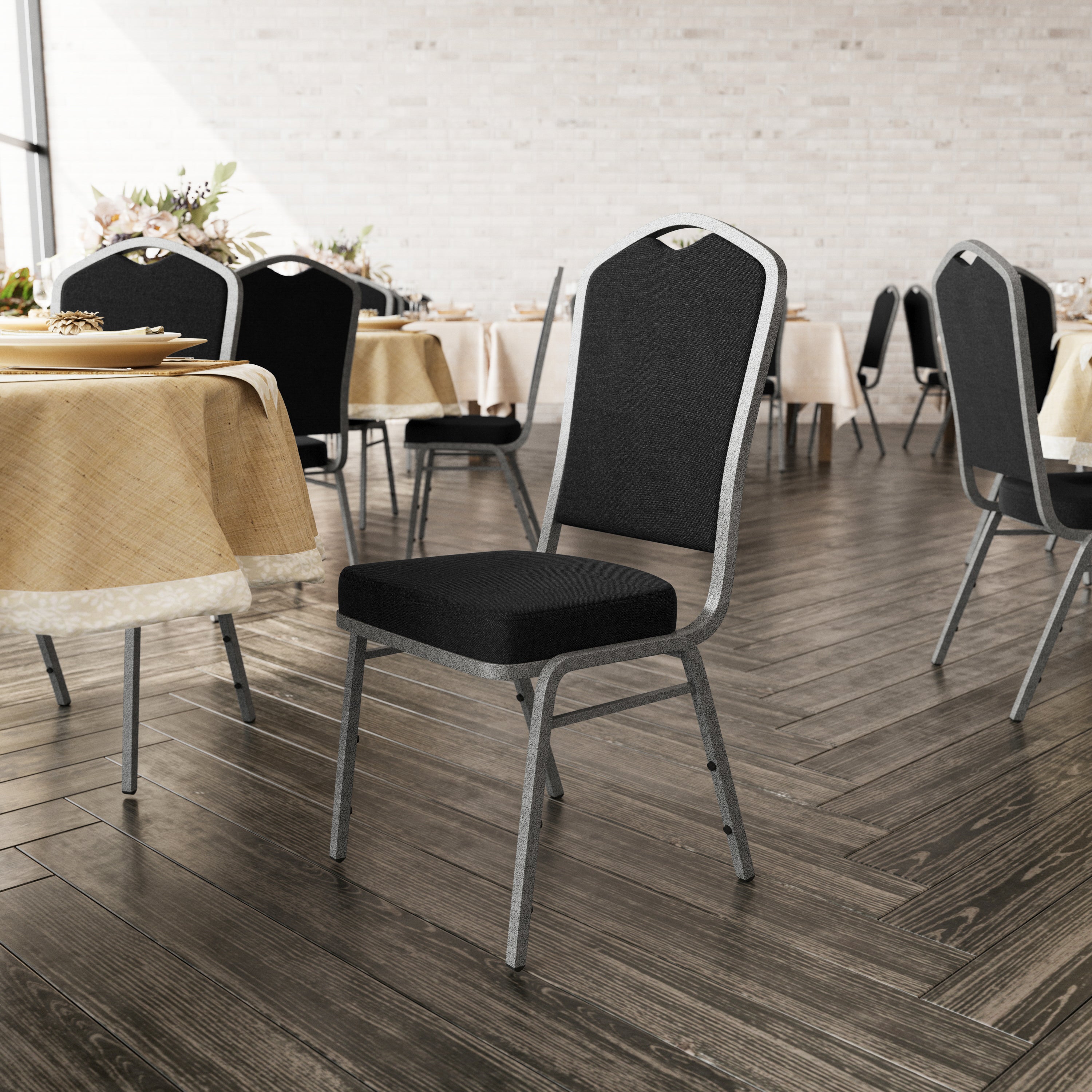 HERCULES Series Crown Back Stacking Banquet Chair in Black Fabric - Silver Vein Frame