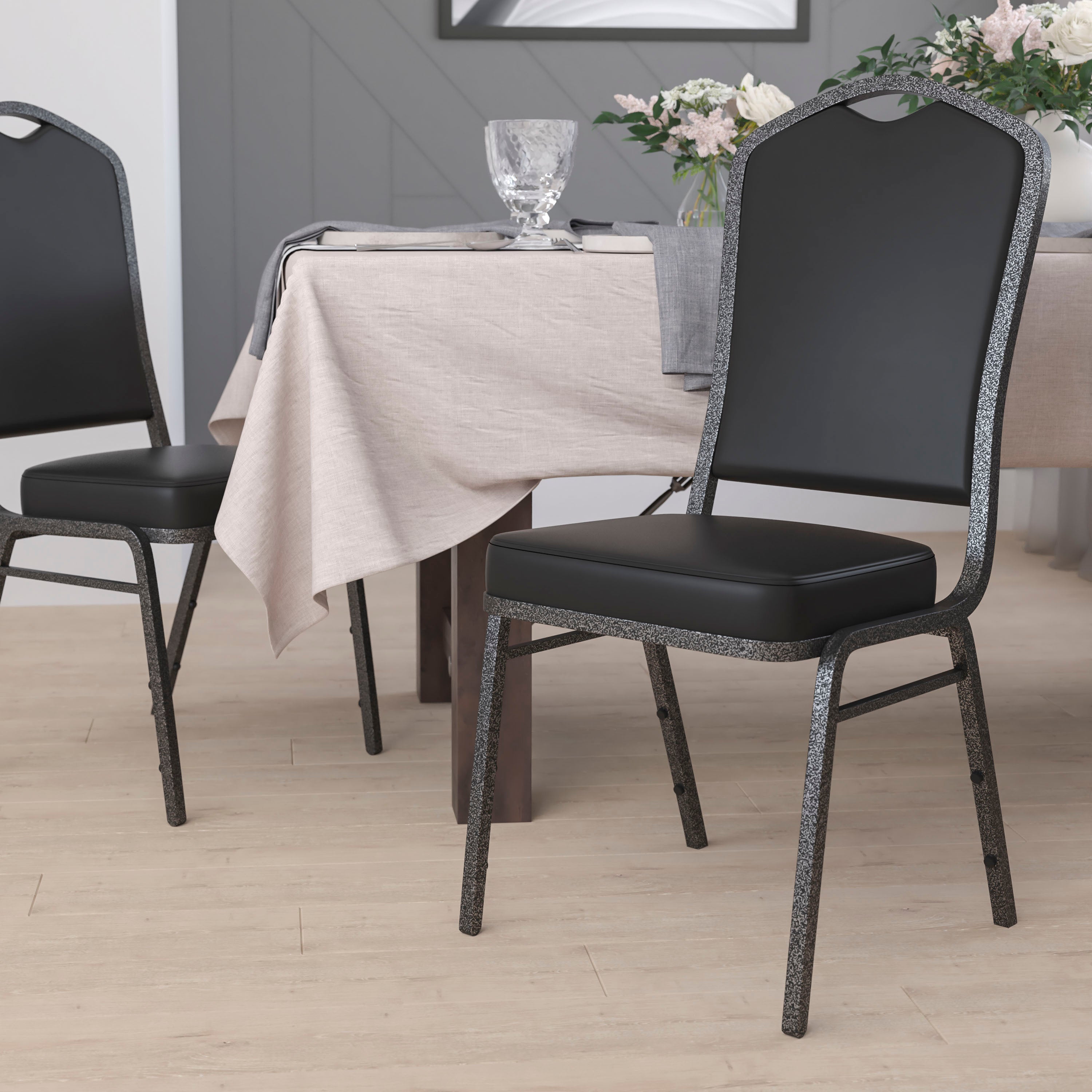 HERCULES Series Crown Back Stacking Banquet Chair in Black Vinyl - Silver Vein Frame