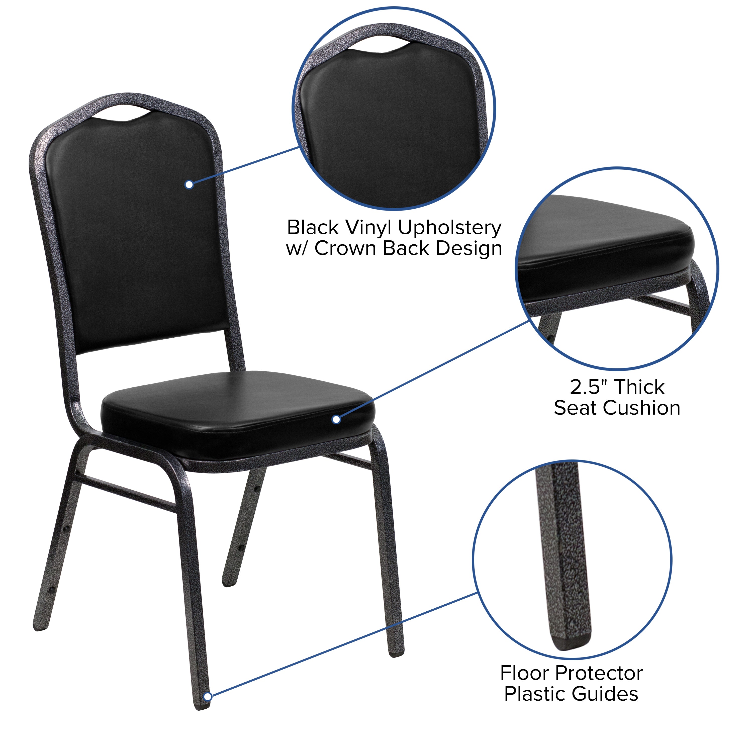 HERCULES Series Crown Back Stacking Banquet Chair in Black Vinyl - Silver Vein Frame
